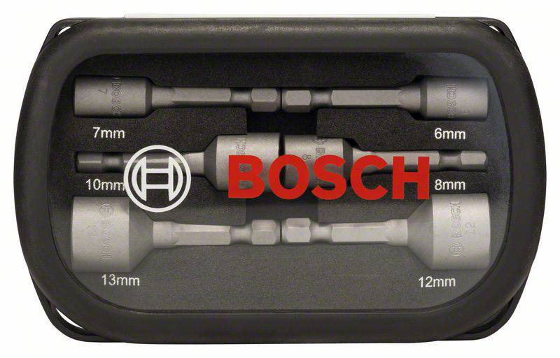 Ein Satz Bosch Stecknussadapter in verschiedenen Größen (6mm bis 13mm) in einer schwarzen Box. Bosch-Logo in der Mitte sichtbar.
