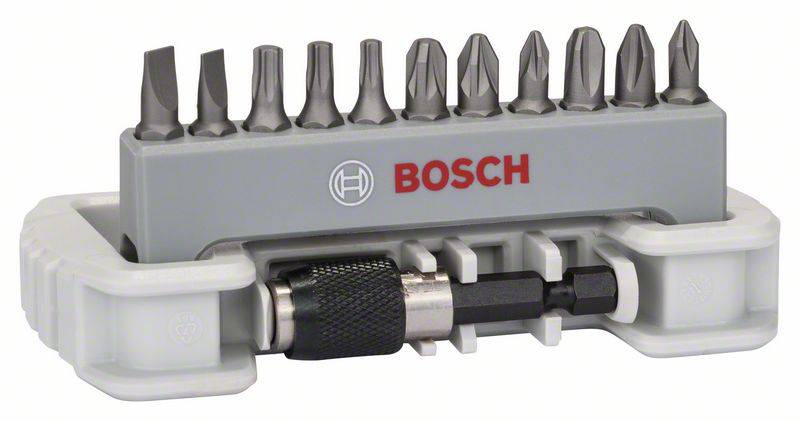 Ein 10-teiliges Schraubendreher-Bitset von Bosch mit Bits für verschiedene Schraubenkopftypen und einem magnetischen Halter.