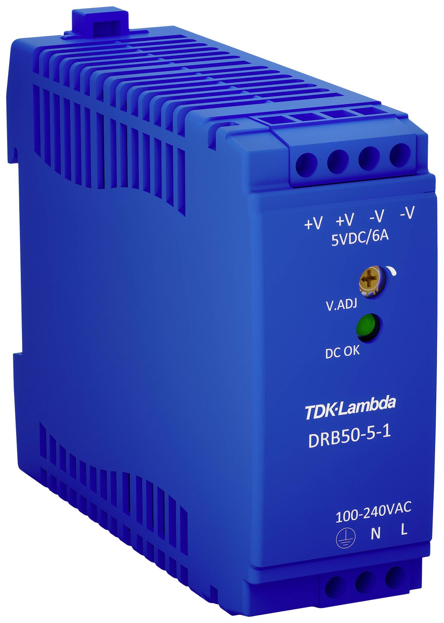 Ein blaues TDK-Lambda Netzteilmodul, Modell DRB50-5-1, zeigt Ein- und Ausgänge für stromsparendes elektrisches Design.