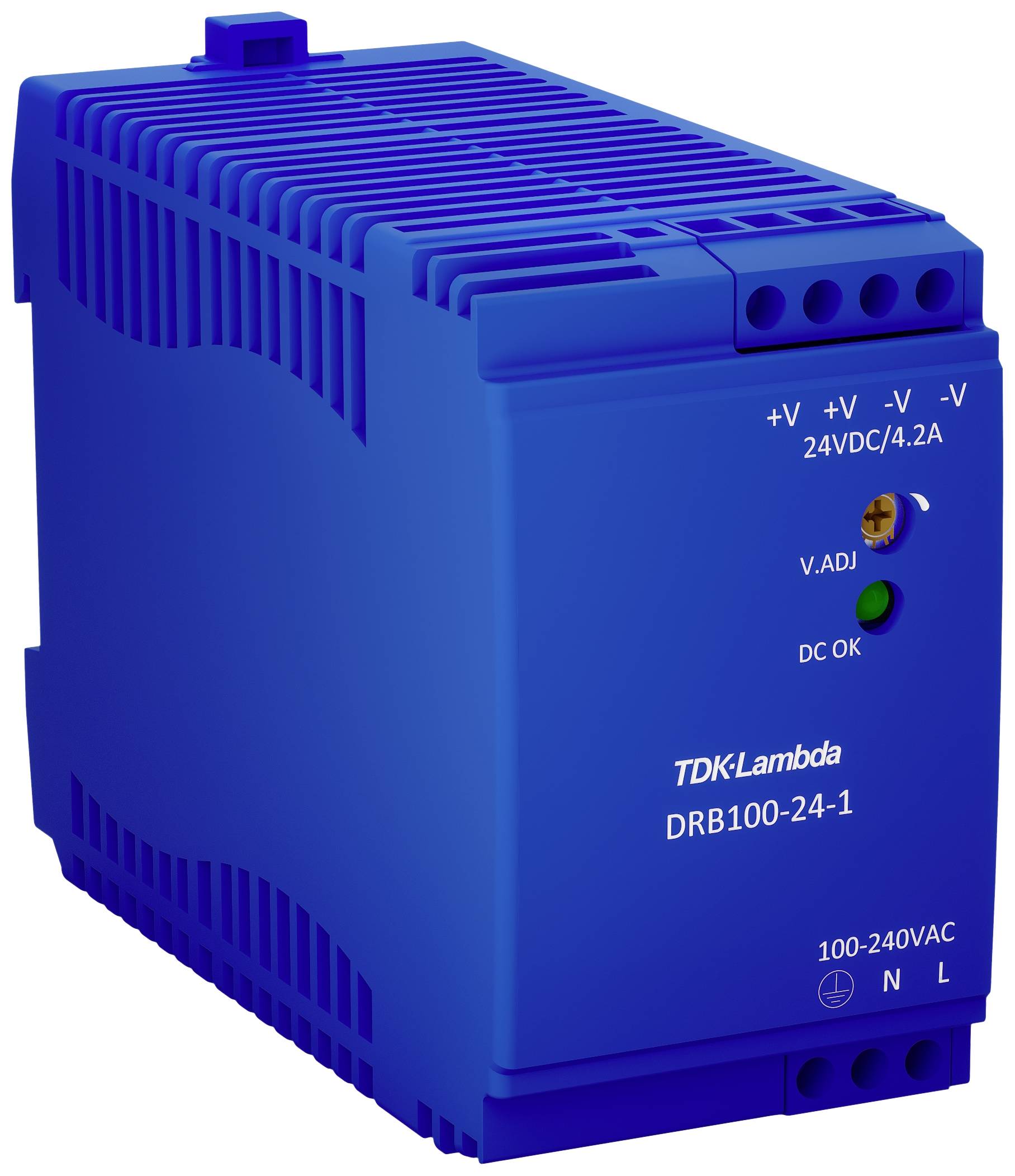Ein blaues Netzteil von TDK-Lambda, Modell DRB100-24-1, zeigt Anschlüsse für 24V DC und AC-Eingang mit LED-Anzeigen für Status.