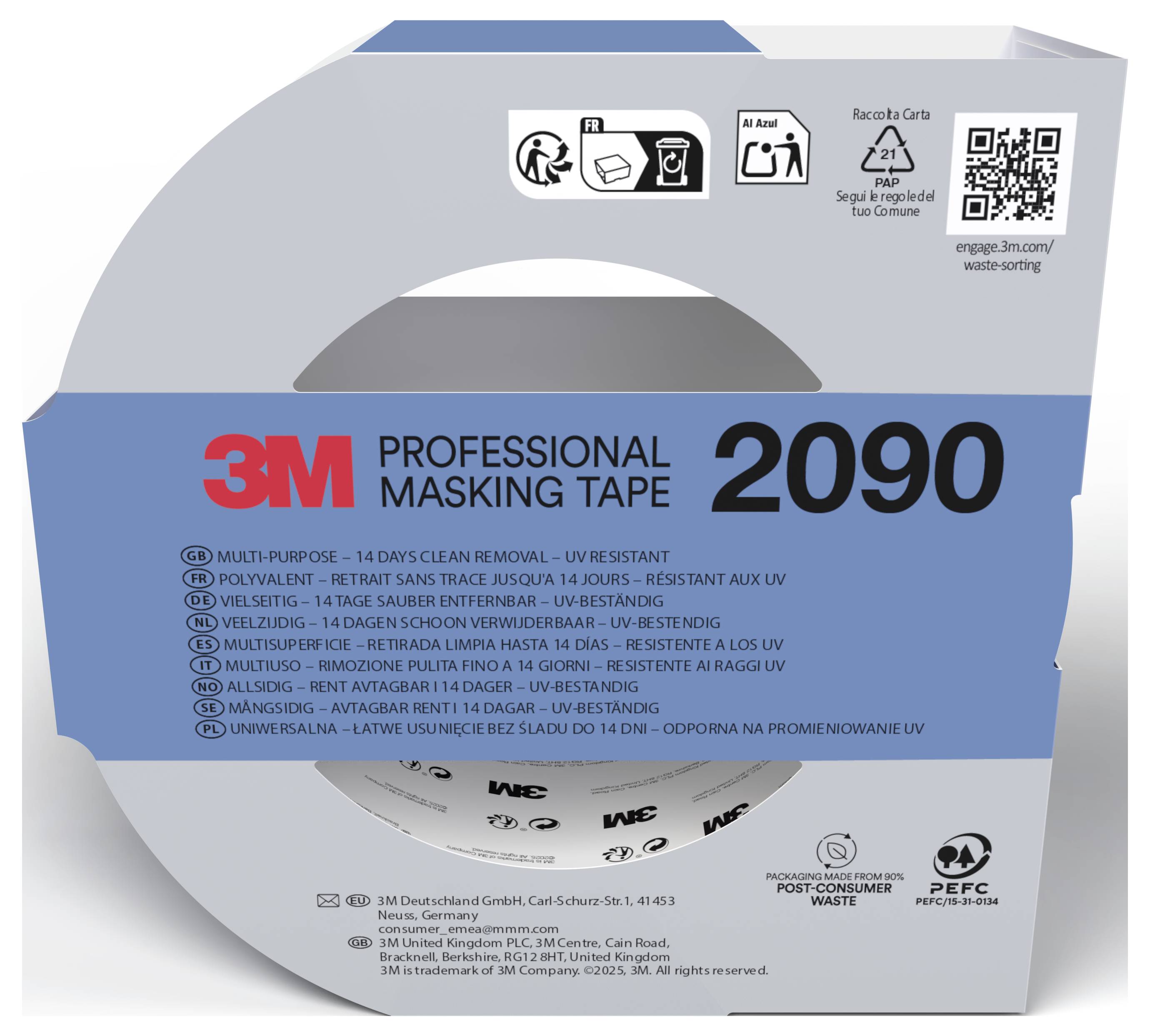 3M Professionelles Abklebeband 2090 Verpackung, eine blau-graue Rolle mit Produktname, „2090