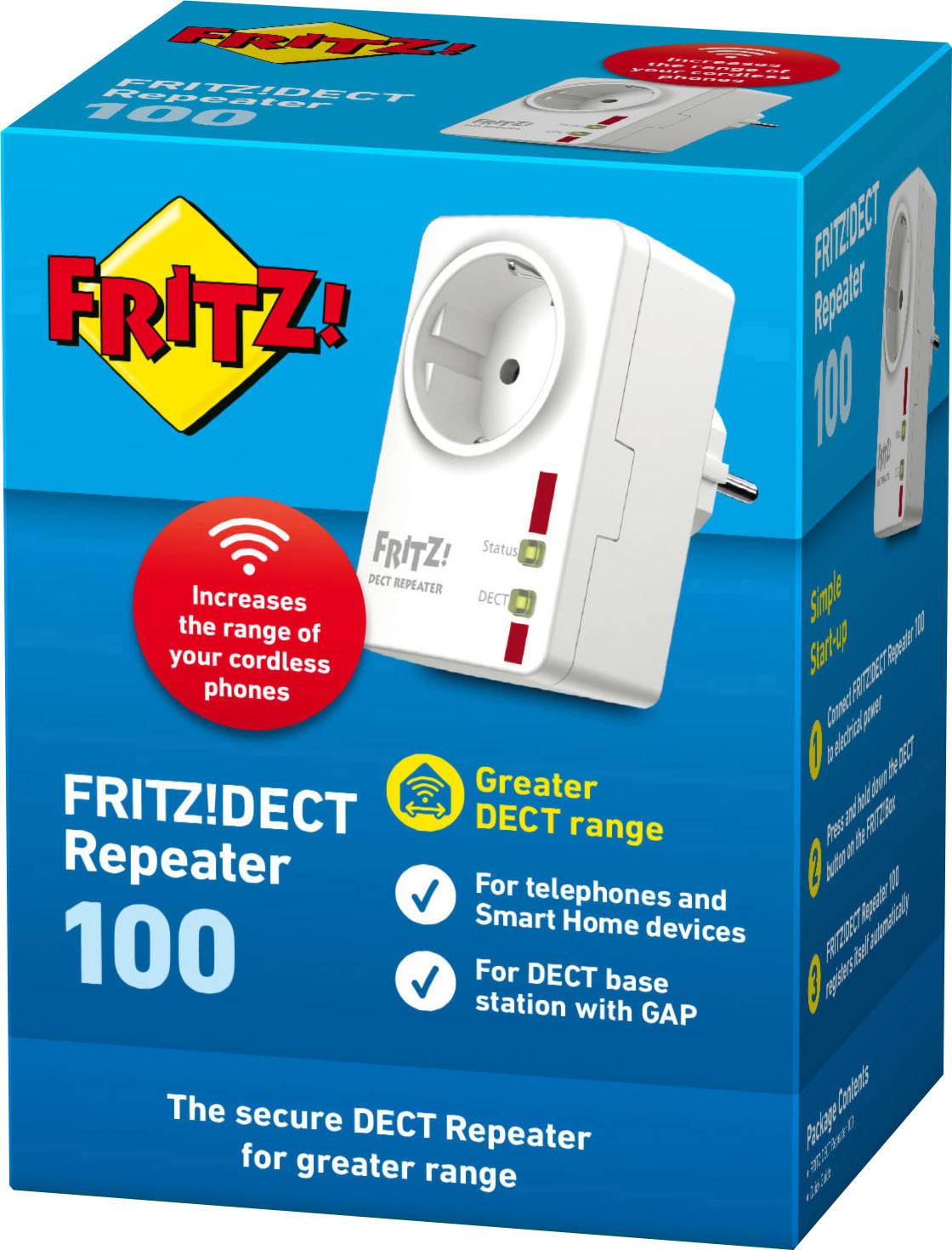 Verpackung eines FRITZ!DECT Repeaters 100 mit Steckdose, verbessert DECT-Reichweite für Telefone und Smart-Home-Geräte.