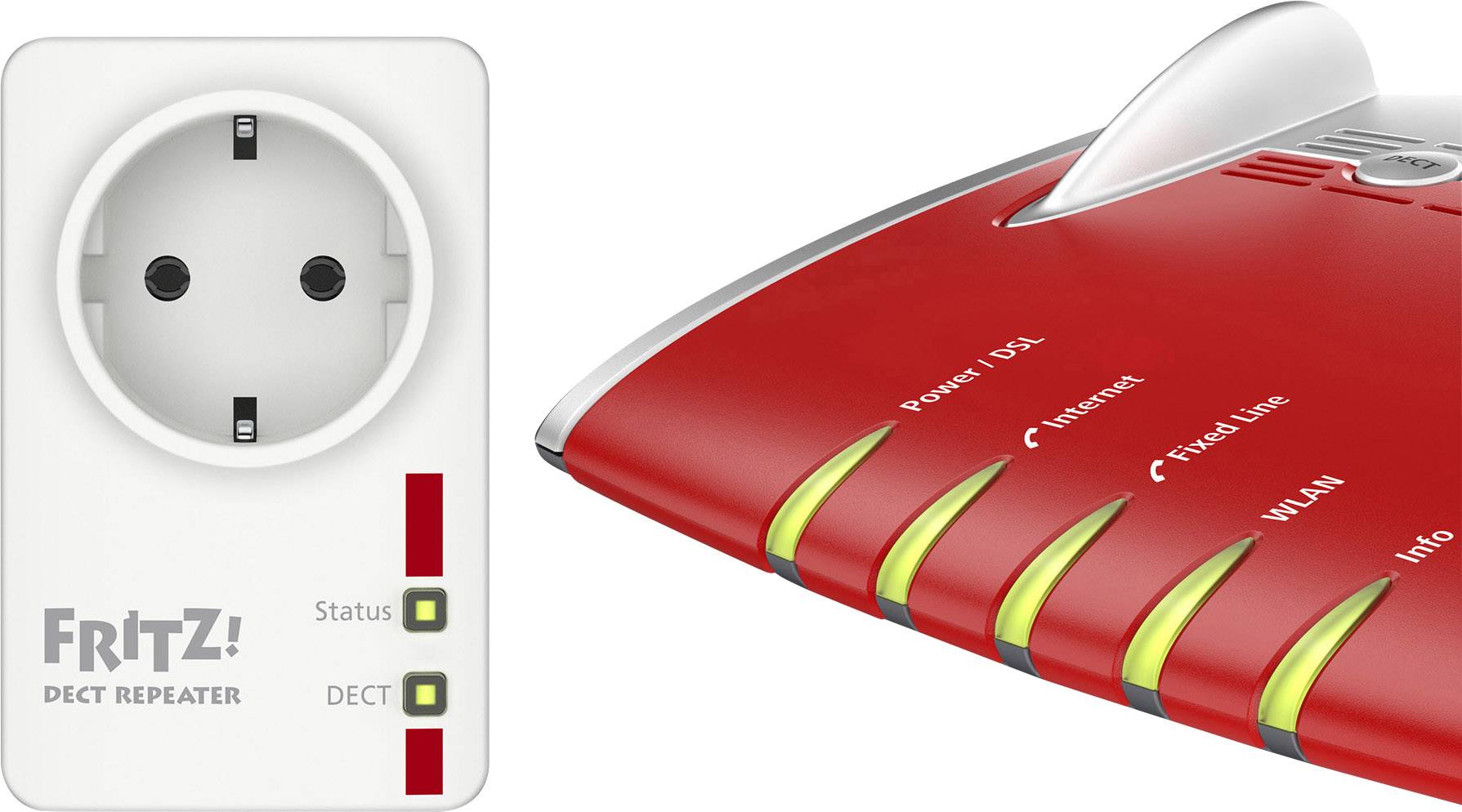 Ein FRITZ!DECT Repeater neben einem roten Router. Der Repeater zeigt Status- und DECT-Anzeigen. Der Router hat Leuchtanzeigen für Power, DSL, WLAN und Info.