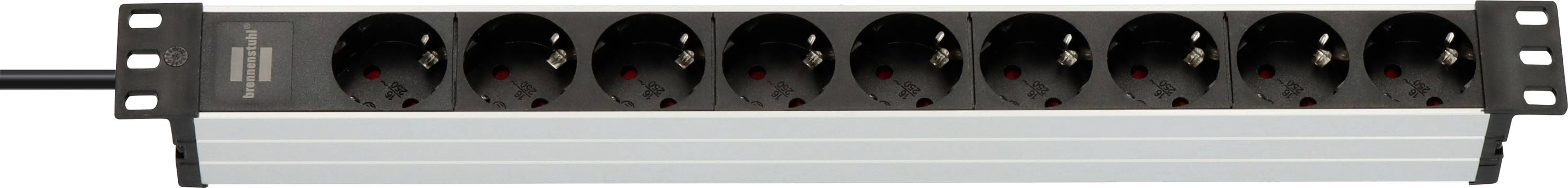 Schwarze montierbare Stromverteilschiene mit zwei vorderen Stromausgängen und vier Kontrollleuchten auf einem silbernen Bedienfeld.