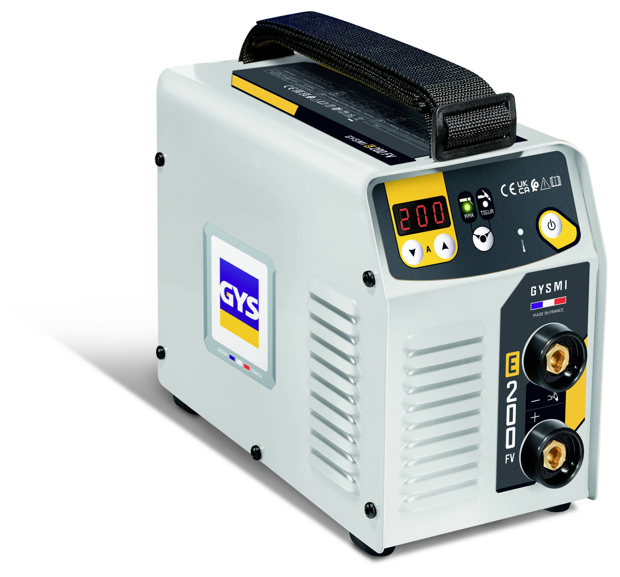 Tragbare Schweißmaschine GYSMI E200 FV mit Griff, digitaler Anzeige, Netzschalter und vorderen Kabelanschlüssen.