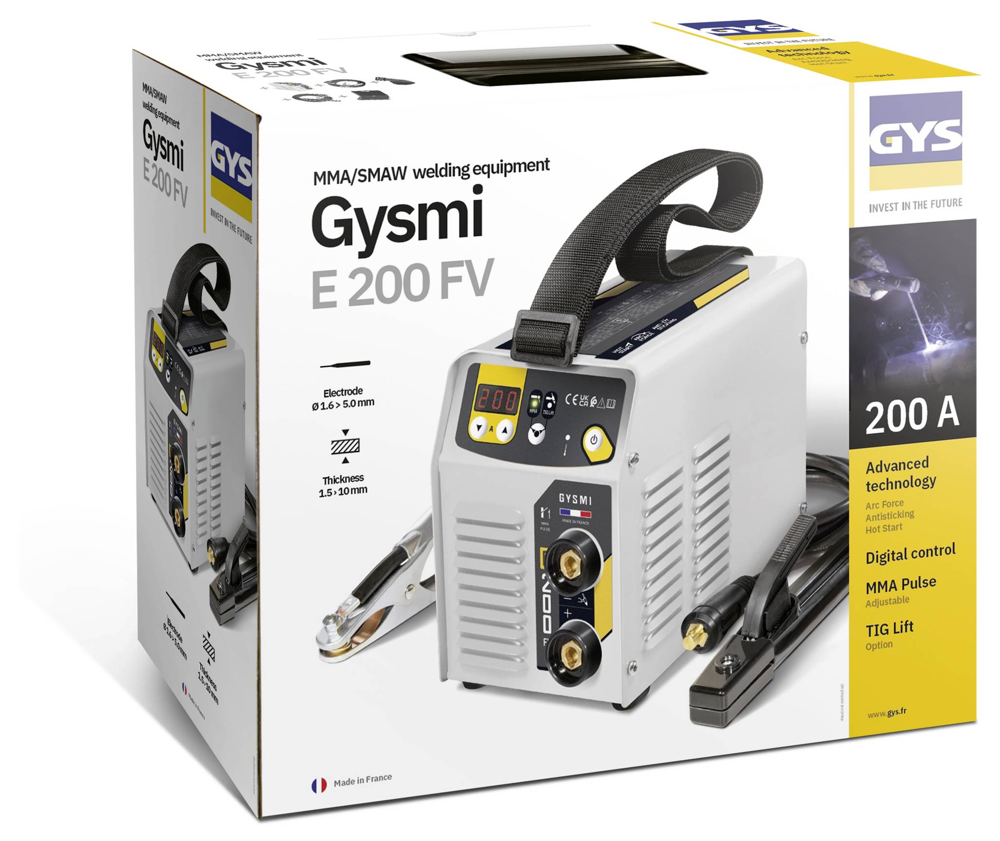 Produktbox für GYS Gysmi E 200 FV MMA/SMAM-Schweißausrüstung, zeigt das Schweißgerät, die Klemme und den Brenner; hebt 200 A und digitale Steuerung hervor.