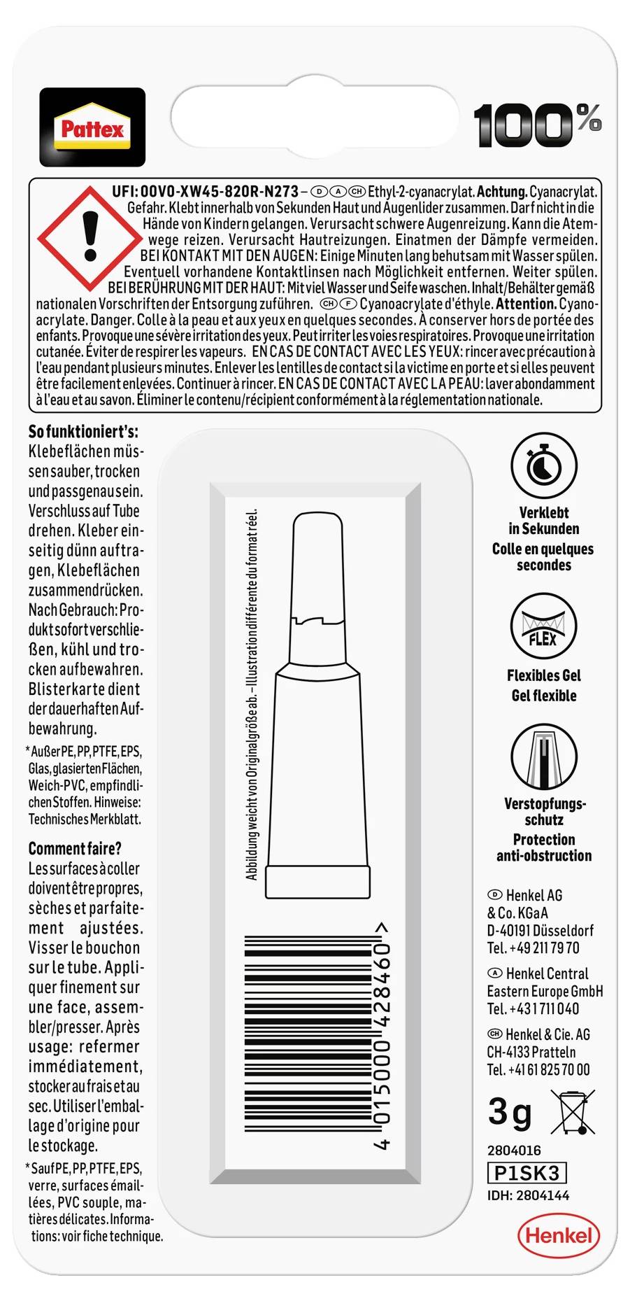 Pattex 100% Sekundenkleber P1SK3 3g