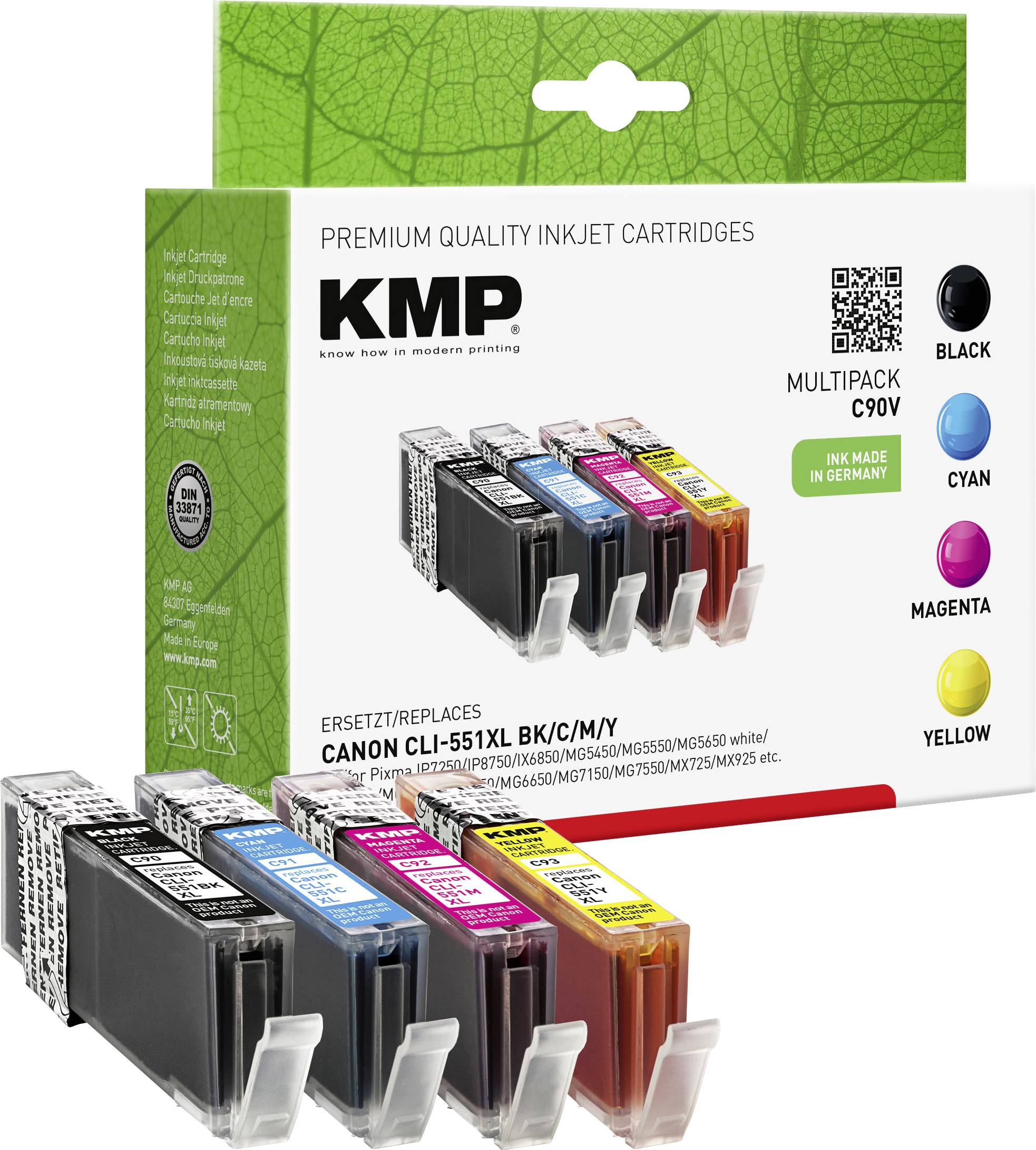 KMP Druckerpatrone ersetzt Canon CLI-551BK XL, CLI-551C XL, CLI-551M XL, CLI551Y XL Kompatibel Kombi-Pack Foto Schwarz, Cyan, Magenta, Gelb C90V