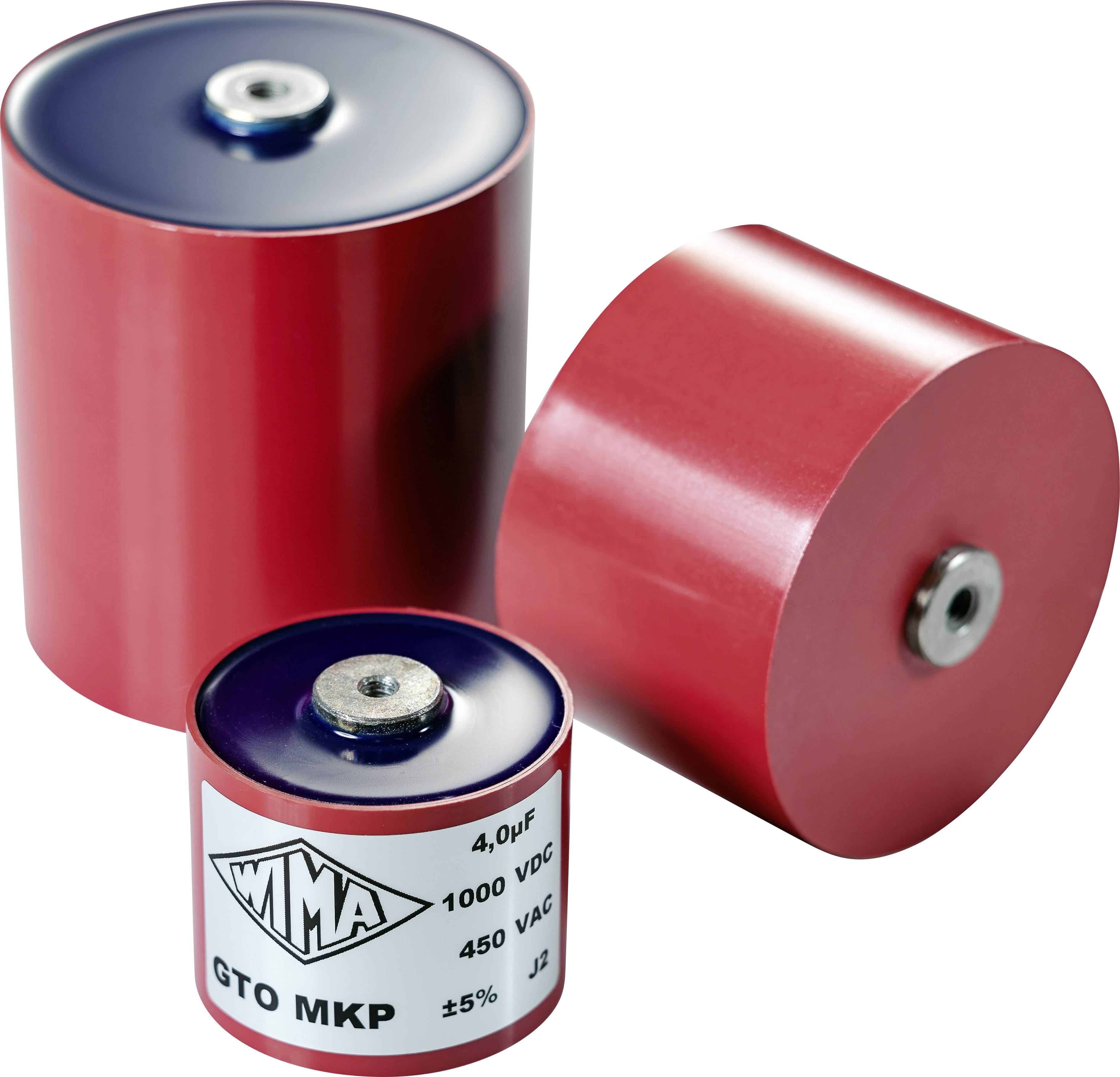Drei rote WIMA-Kondensatoren unterschiedlichen Winkels und Größen, mit Aufschrift: '4,0µF, 1000 VDC, 450 VAC, ±5%'.