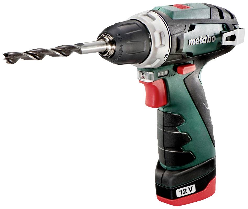 Akkuschrauber mit 12 V, grün-schwarz, Metabo-Logo, Bohrer montiert. Ideal für Heimwerkerarbeiten und handliche Tragbarkeit.