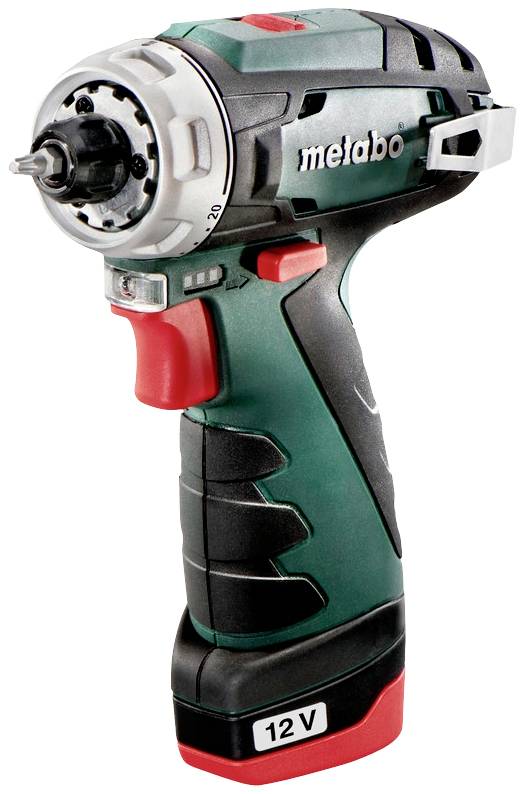 'Metabo 12V Akku-Bohrschrauber' in grün-schwarz mit rotem Auslöser und seitlichem Gürtelclip, kompakt und ergonomisch gestaltet.