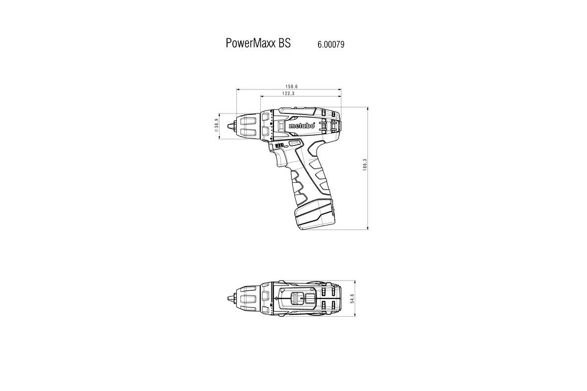 Technische Zeichnung eines PowerMaxx BS Akkuschraubers mit detaillierten Abmessungen und Modellnummer 6.00709. Seitliche und obere Ansicht.