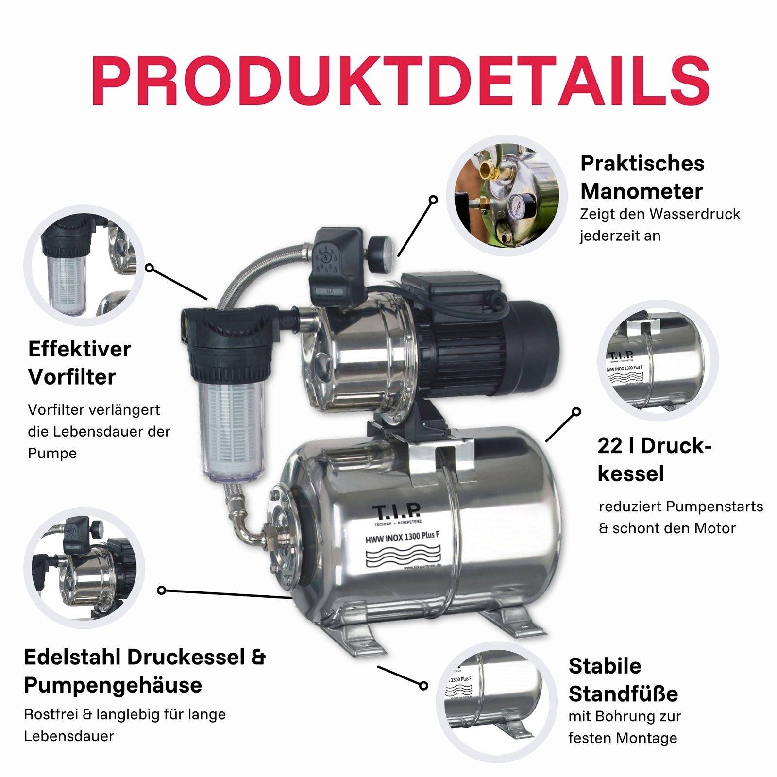 T.I.P. - Technische Industrie Produkte 31155 HWW INOX 1300 Plus F Hauswasserwerk 230V 4350 l/h