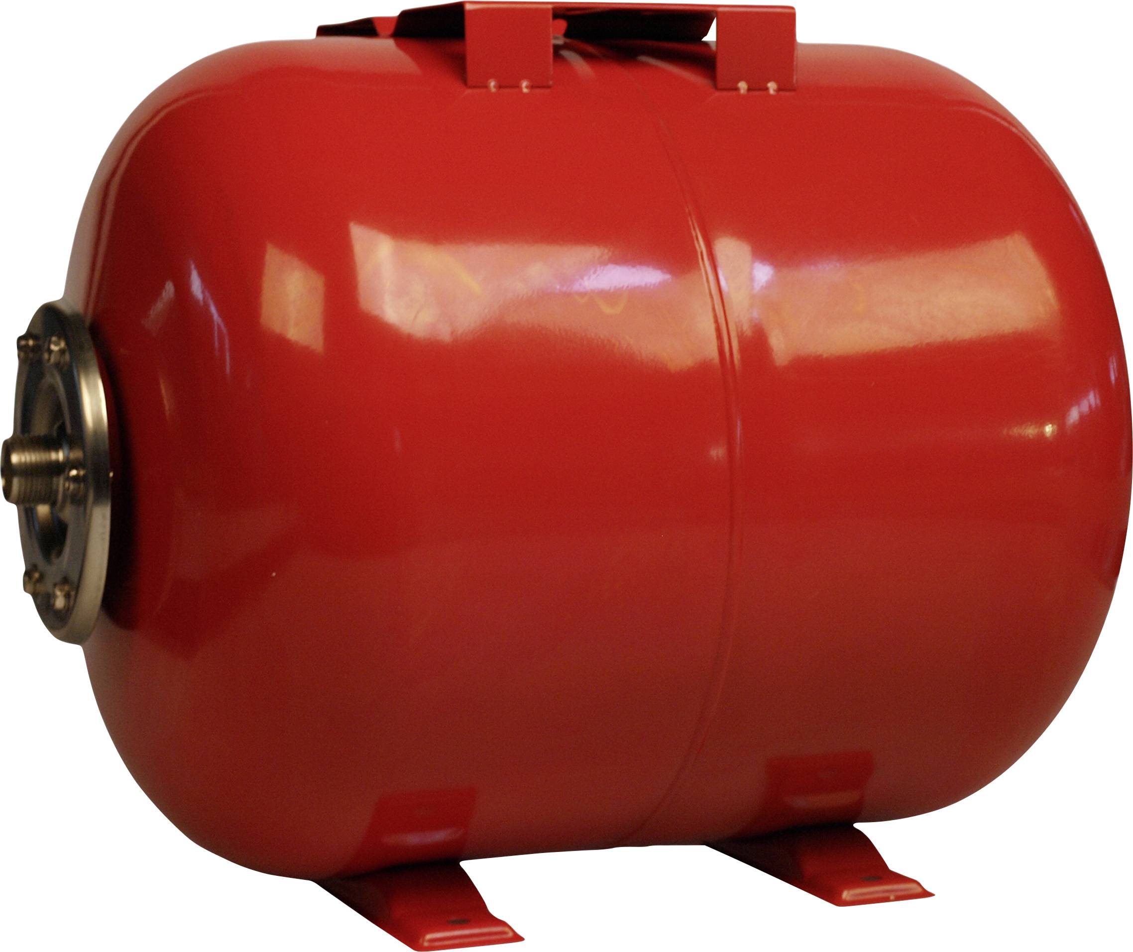 Roter Druckbehälter in zylindrischer Form mit flachen Stützen an der Unterseite, verwendet zur Speicherung von Flüssigkeiten oder Gasen.