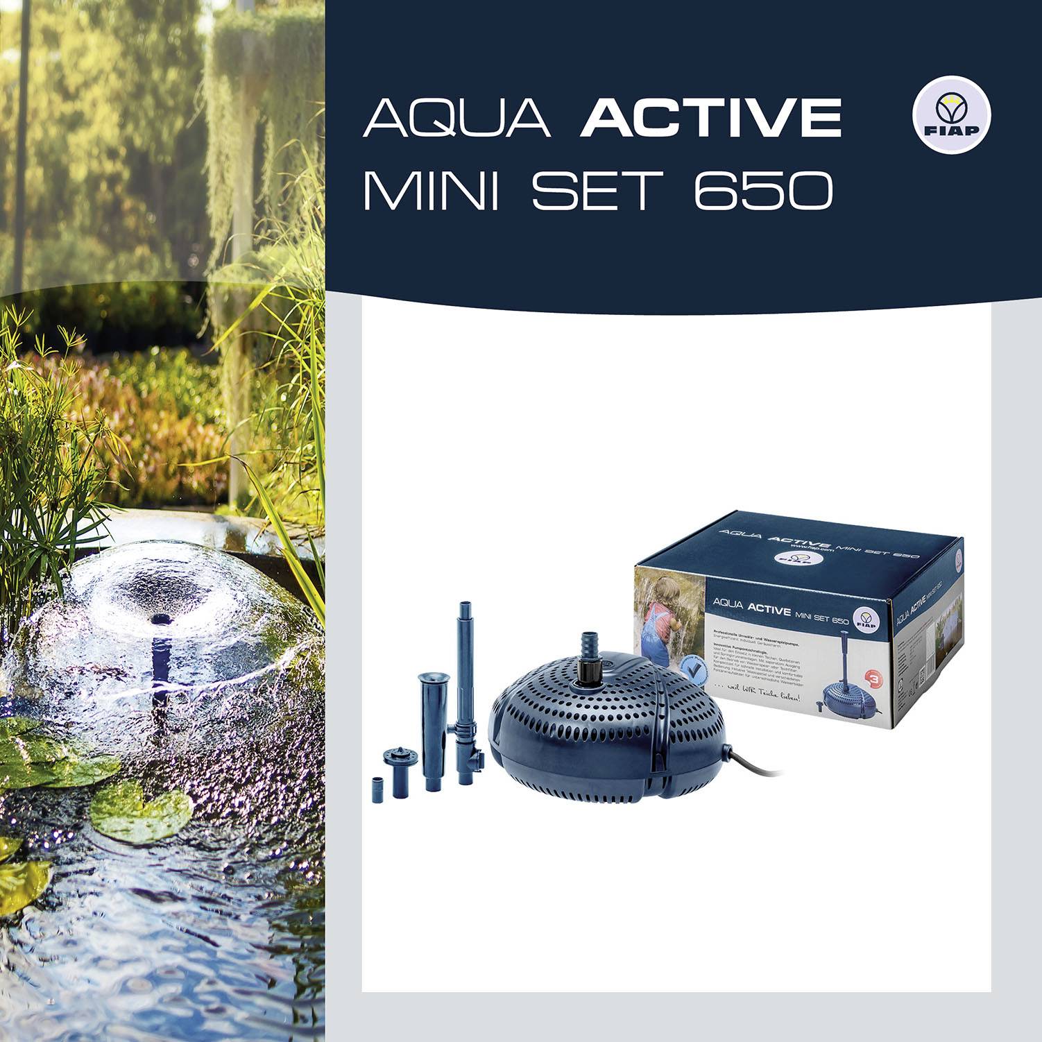 'FIAP Aqua Active Mini Set 650' Brunnenset-Abbildung. Links sprudelt Wasser aus einem runden Brunnen, rechts Set mit Verpackung.