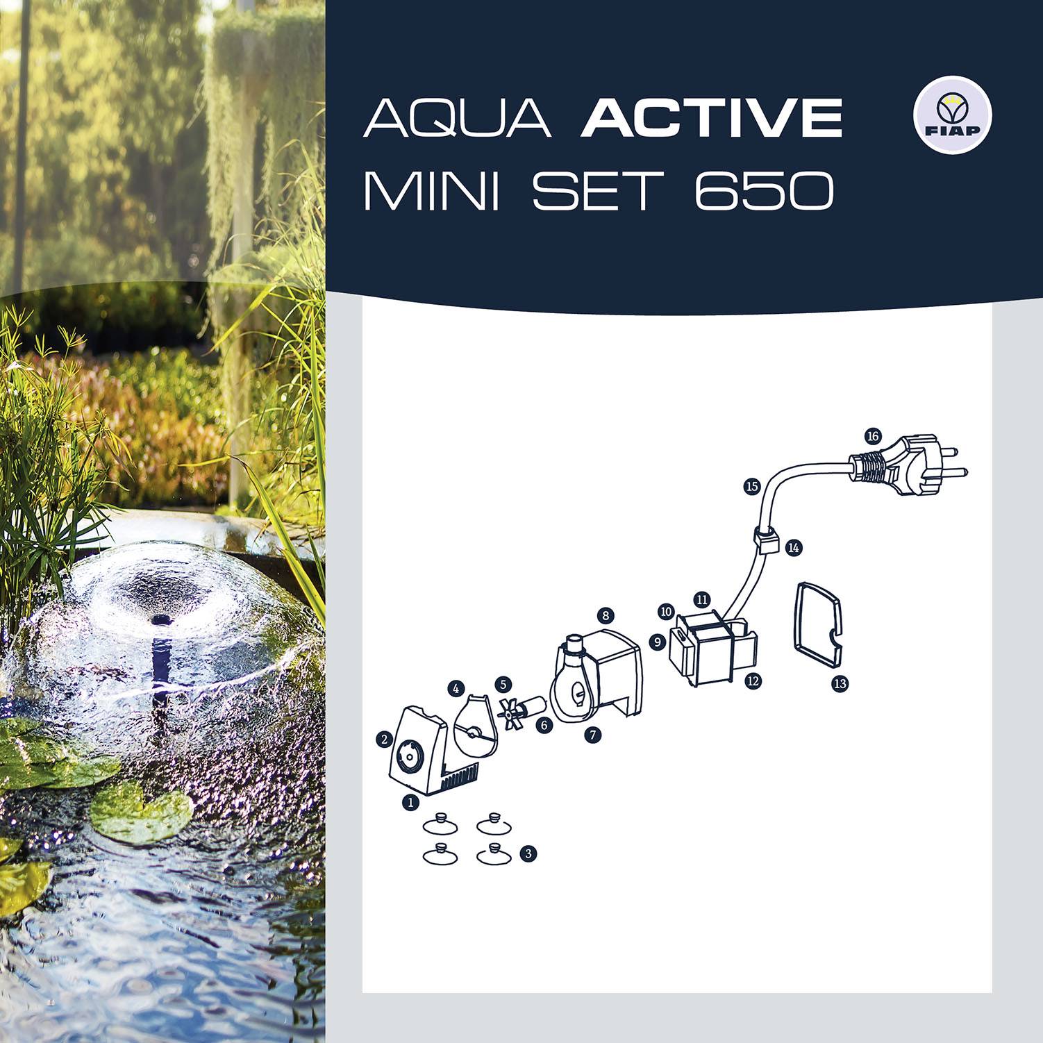 'Aqua Active Mini Set 650' Anwendungsbeispiel: Mini-Brunnen mit einer Wasserpumpe. Diagramm zeigt Pumpenbestandteile und Montage.