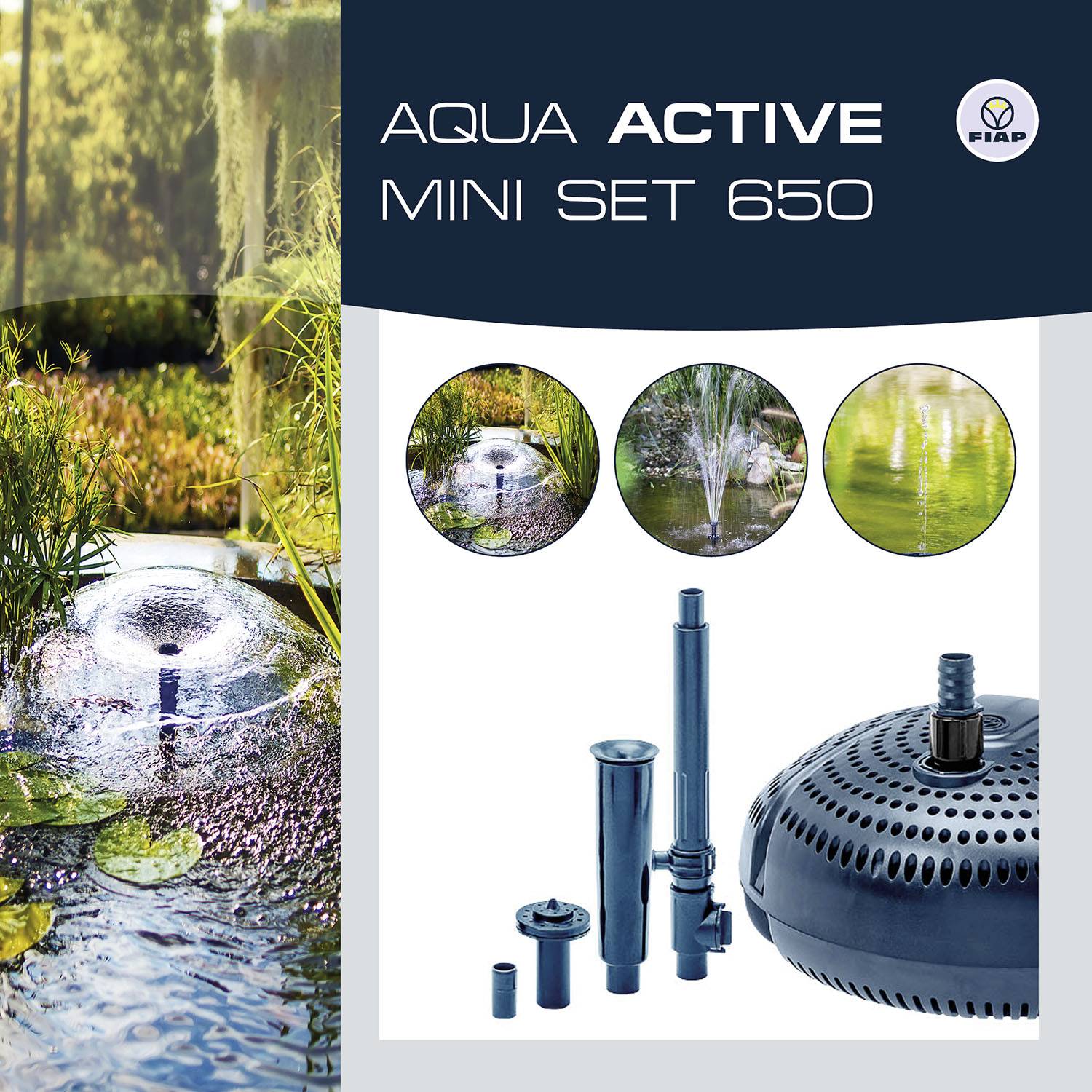 Set zur Wassergestaltung mit Pumpe und Zubehör für Gartenteiche, abgebildet mit verschiedenen Wasserspieleffekten.