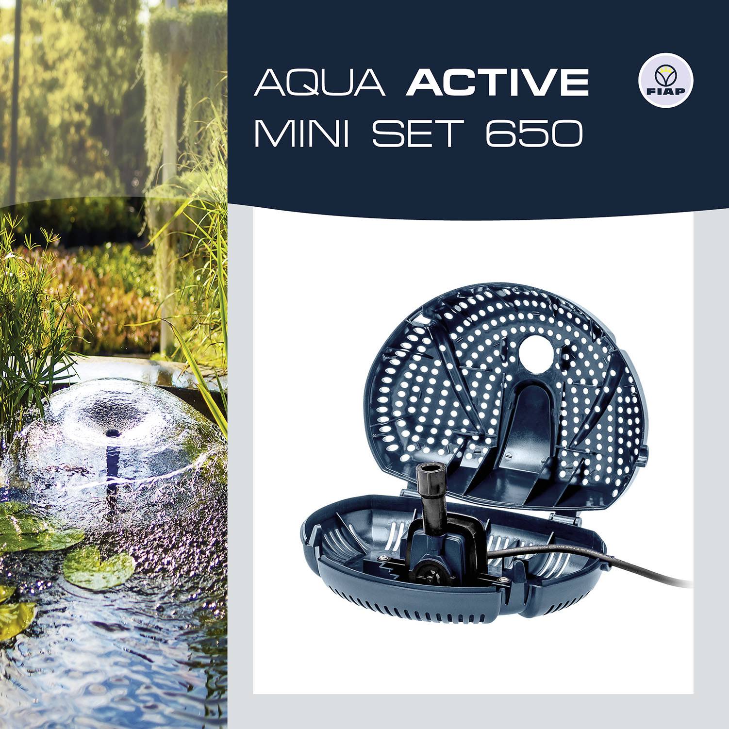 'Aqua Active Mini Set 650' mit einem kleinen Wasserspiel in einem Teich, links im Bild, umgeben von Pflanzen. Produktabbildung rechts.