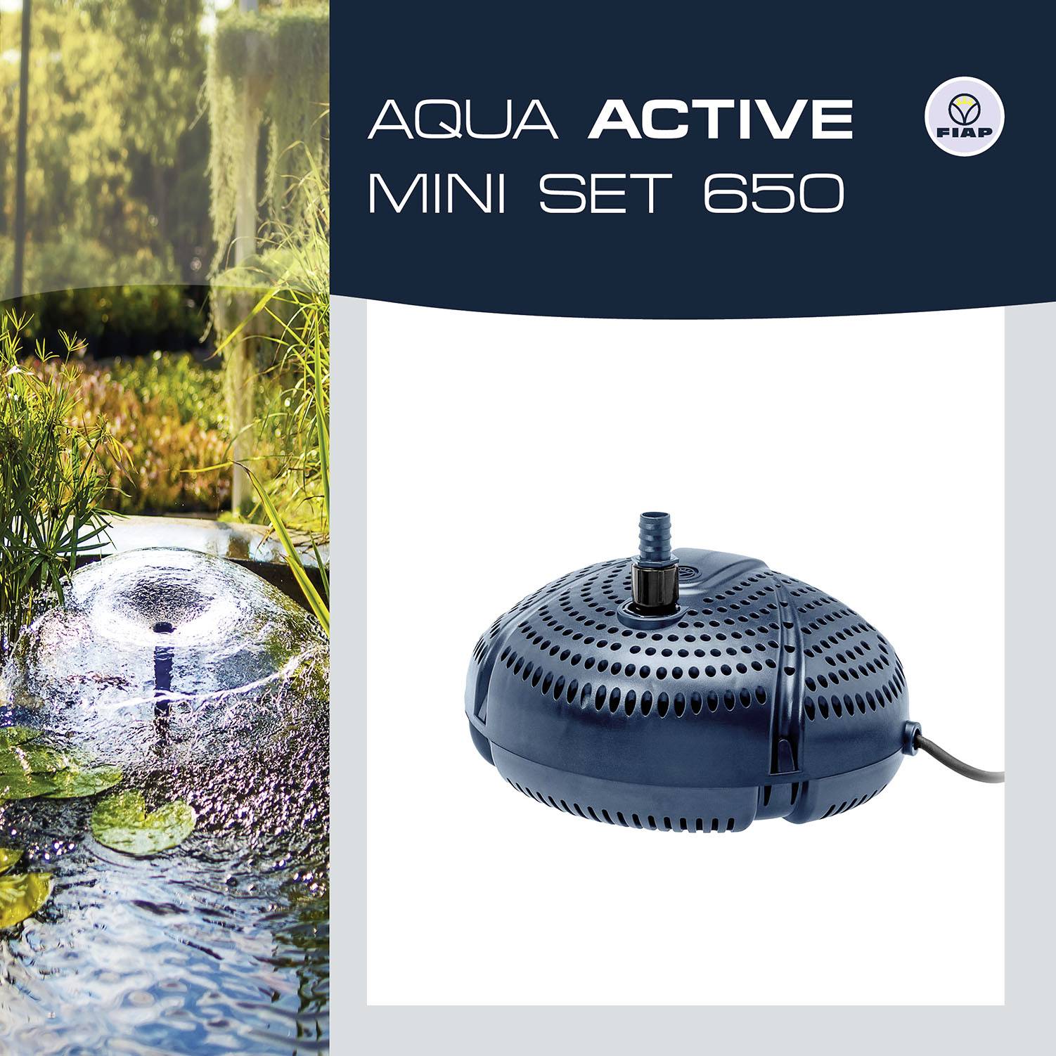 Pumpe von Aqua Active Mini Set 650 in Betrieb neben einem Teich. Text: 'Aqua Active Mini Set 650'. Enthält FIAP-Logo.