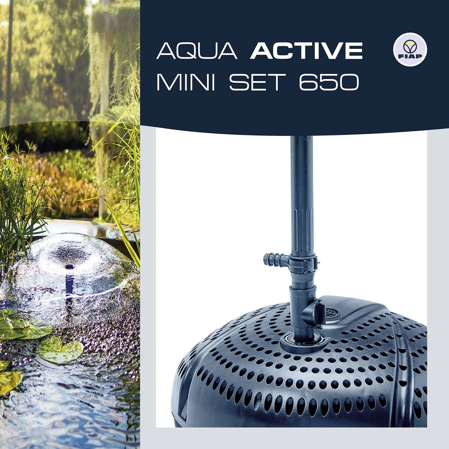 'FIAP Aqua Active Mini Set 650' abgebildet, bestehend aus einem Pumpensystem in einer natürlichen Wasserumgebung mit Pflanzen.