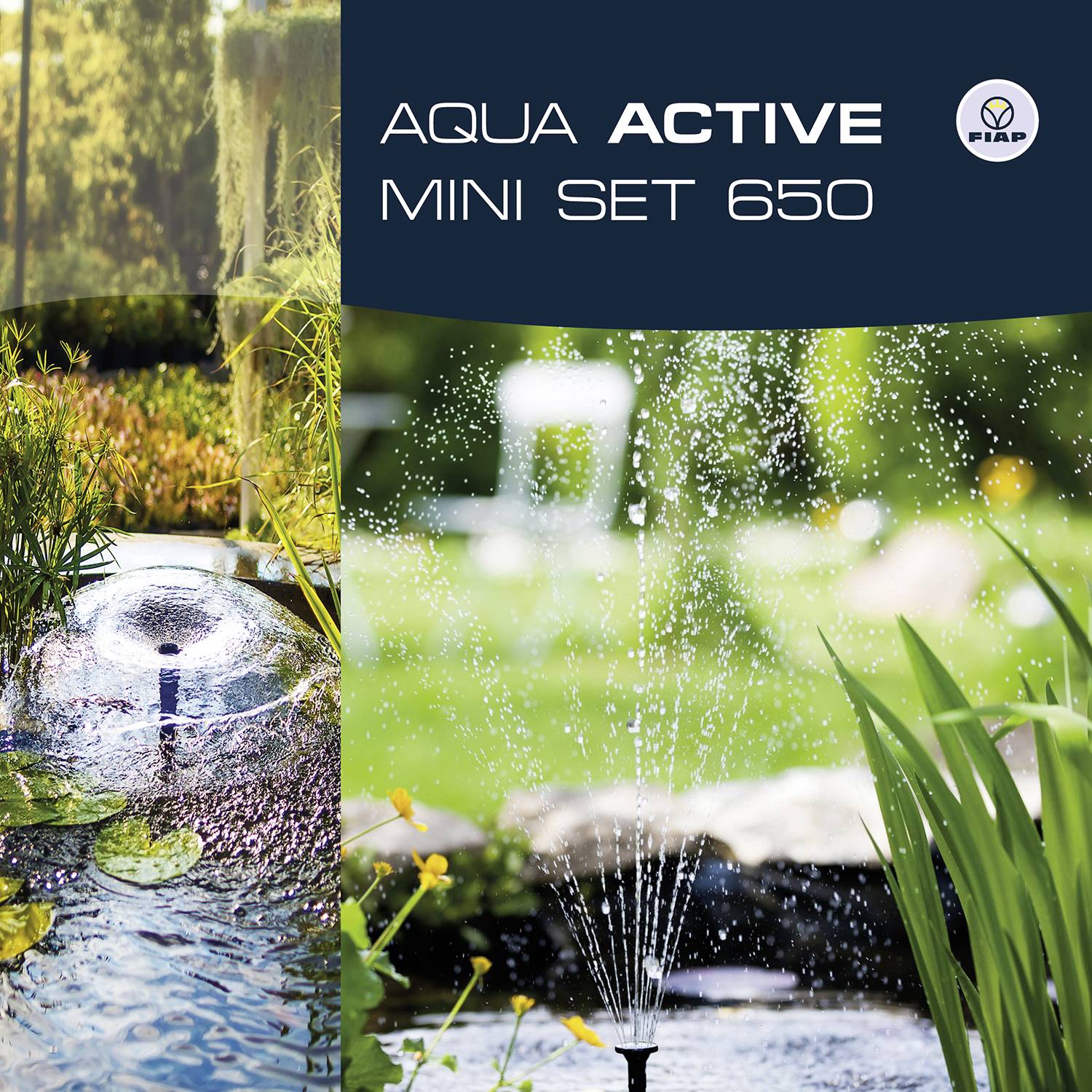 Springbrunnen im Freien mit Wasserfontänen, umgeben von Pflanzen. Beschriftung: 'Aqua Active Mini Set 650' und FIAP-Logo.