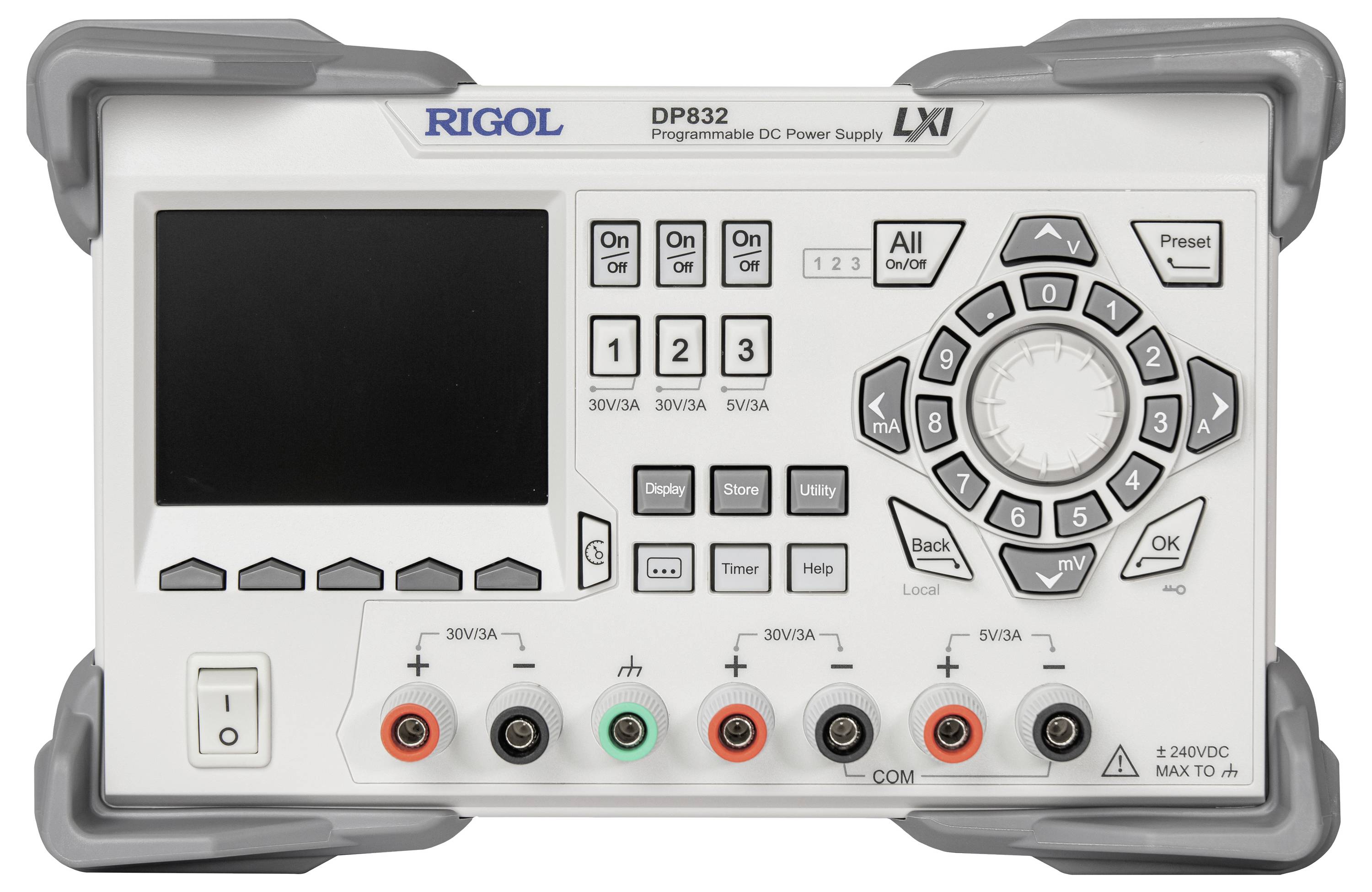 Ein Rigol DP832 programmierbares DC-Netzteil mit Display und Bedienfeld, mehrere Anschlüsse und ein Drehrad für Einstellungen.