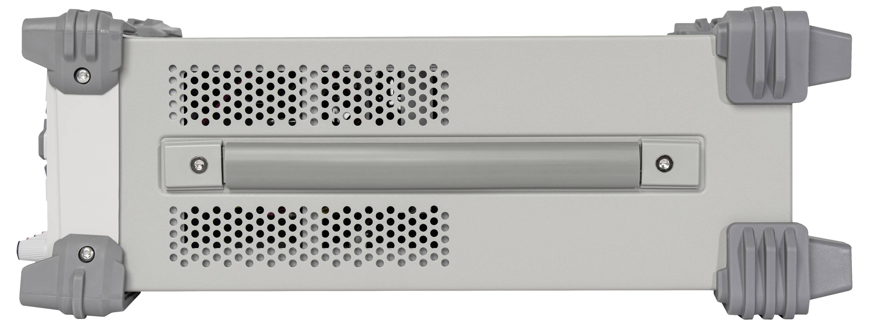 Graues, rechteckiges elektronisches Gerät mit Lüftungsschlitzen und Tragegriff, umgeben von grauen Schutzecken.