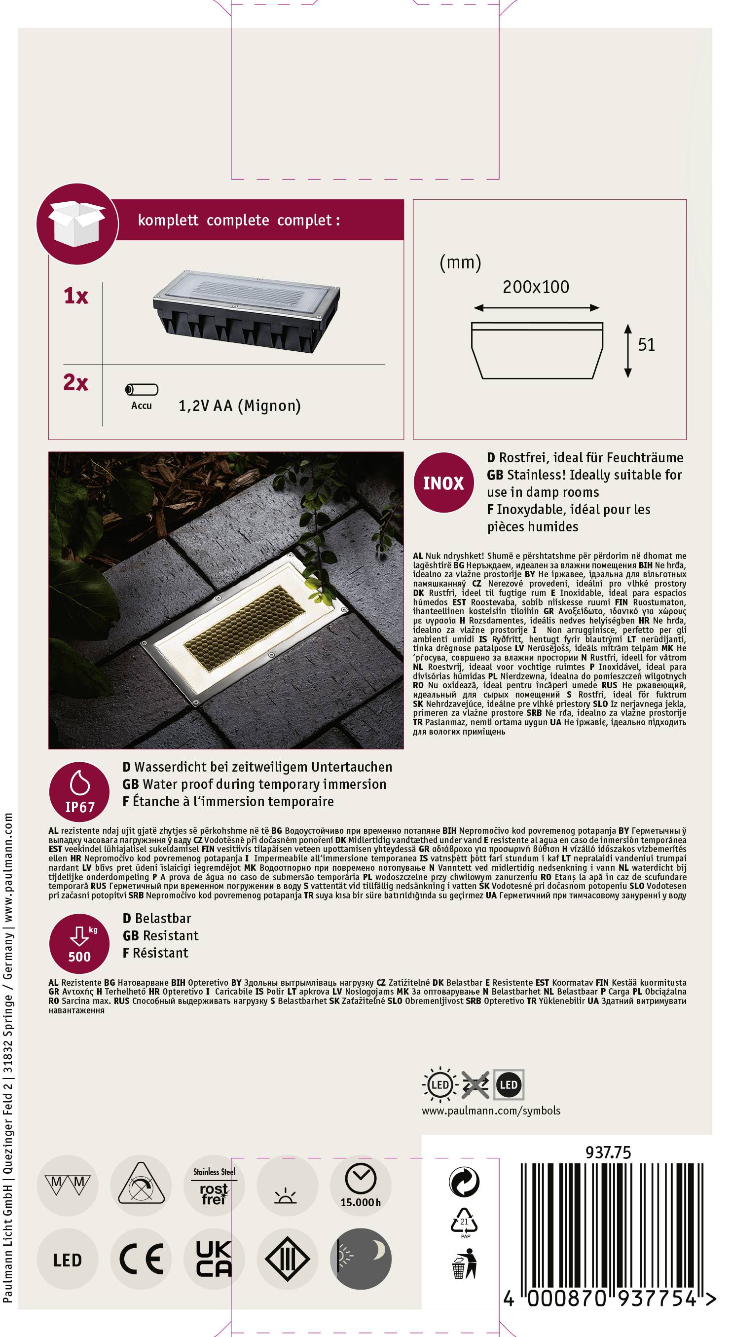 Paulmann 93775 Box Solar-Einbauleuchte 0.6W Warmweiß Edelstahl, Klar