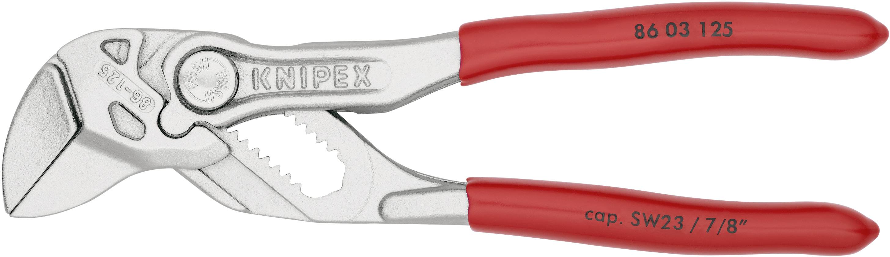Rote KNIPEX-Wasserpumpenzange auf weißem Hintergrund, Modellnummer und Größenangabe auf den Griffen sichtbar.