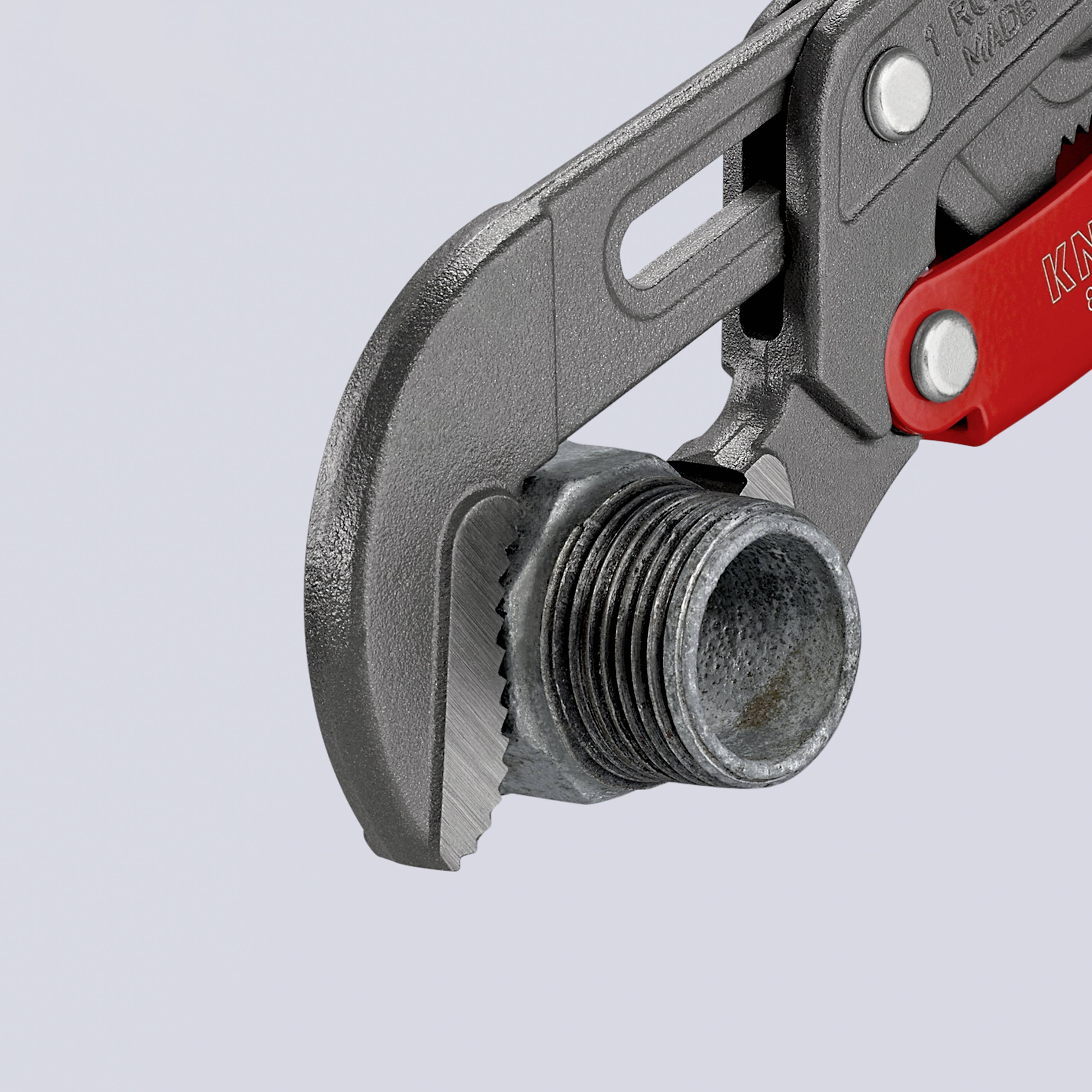 Rohrzange hält eine Metallmutter fest. Geeignet für Sanitärarbeiten und Installationen. Graues und rotes Werkzeug.