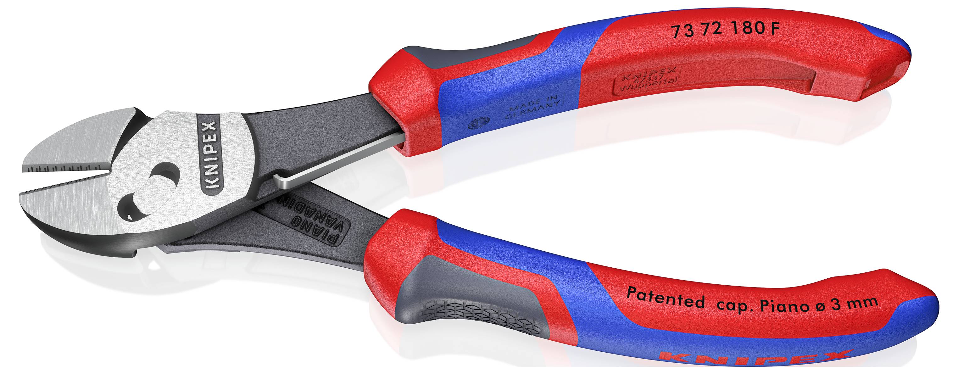 Zange der Marke 'KNIPEX' mit roten und blauen Gummigriffstücken und einem Stahlschneider, versehen mit der Beschriftung '73 72 180 F' und 'Patentierter Kopf. Drahtdurchmesser ø 3 mm'.
