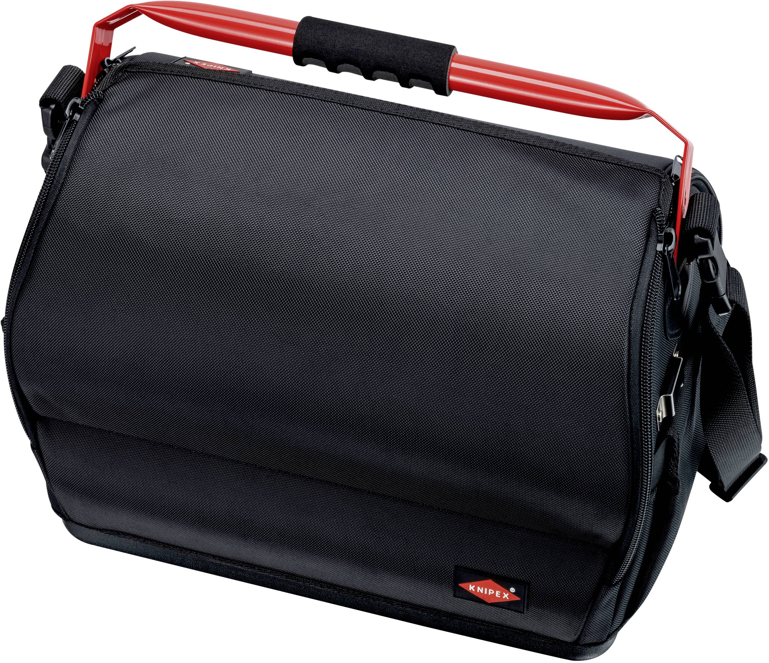 Schwarze Werkzeugtasche mit rotem Griff und Schultergurt. Entwickelt für den sicheren Transport von Werkzeugen.