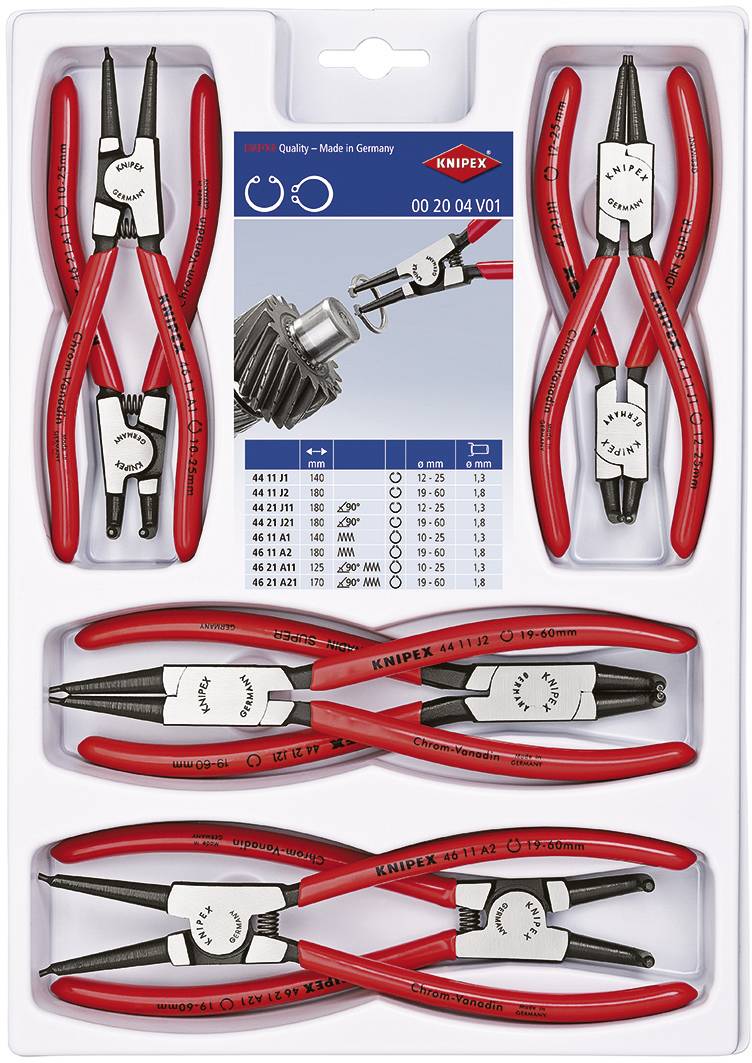 'Knipex'-Set mit mehreren roten Zangen in Plastikverpackung, Abbildung und Tabelle mit Zangenspezifikationen auf Papier in der Mitte.