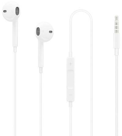 Weiße Kabel-Ohrhörer mit integriertem Mikrofon und Lautstärkeregler. Sie enden in einem 3,5-mm-Audiostecker.