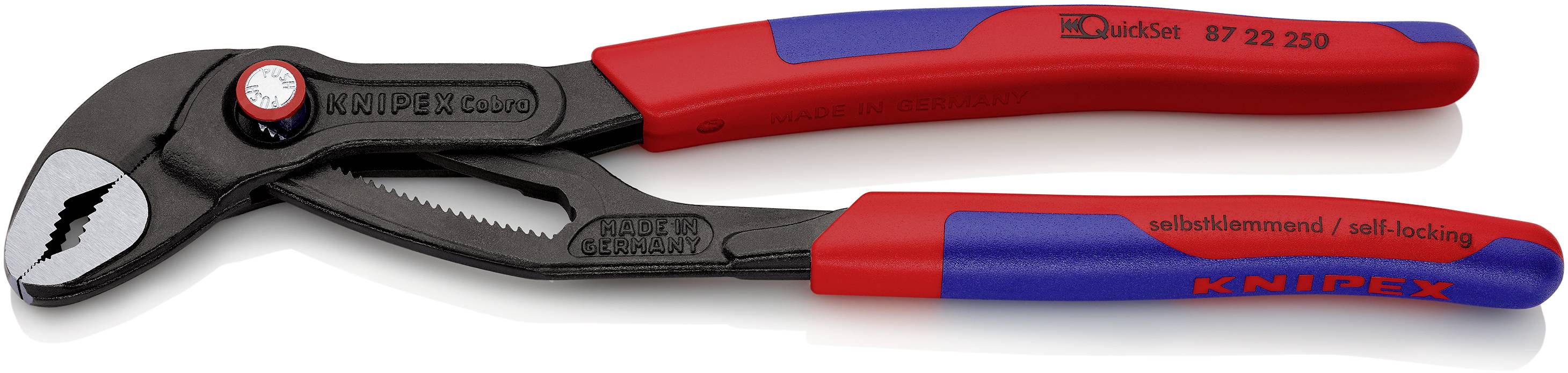 Rote und blaue Wasserpumpenzange der Marke Knipex, Modellnummer 87 22 250, mit selbstklemmendem Design zum Greifen von Rohrfittings.