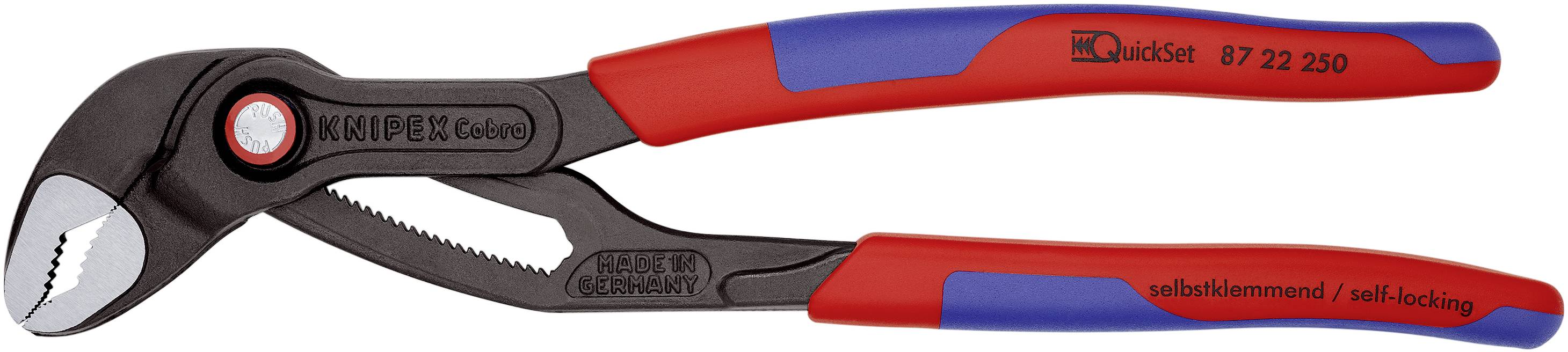 Eine Rohrzange mit roten und blauen Griffen. Der Kopf ist schwarz und zeigt gezackte Greifflächen für festen Halt.
