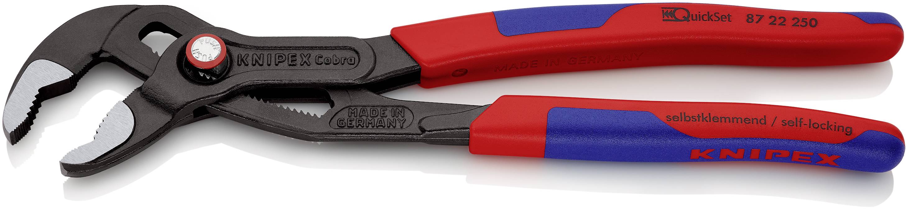 Wasserpumpenzange mit schwarzem, gezahntem Greifkopf und rotem Griff, geeignet für Klempnerarbeiten. Marke: Knipex.