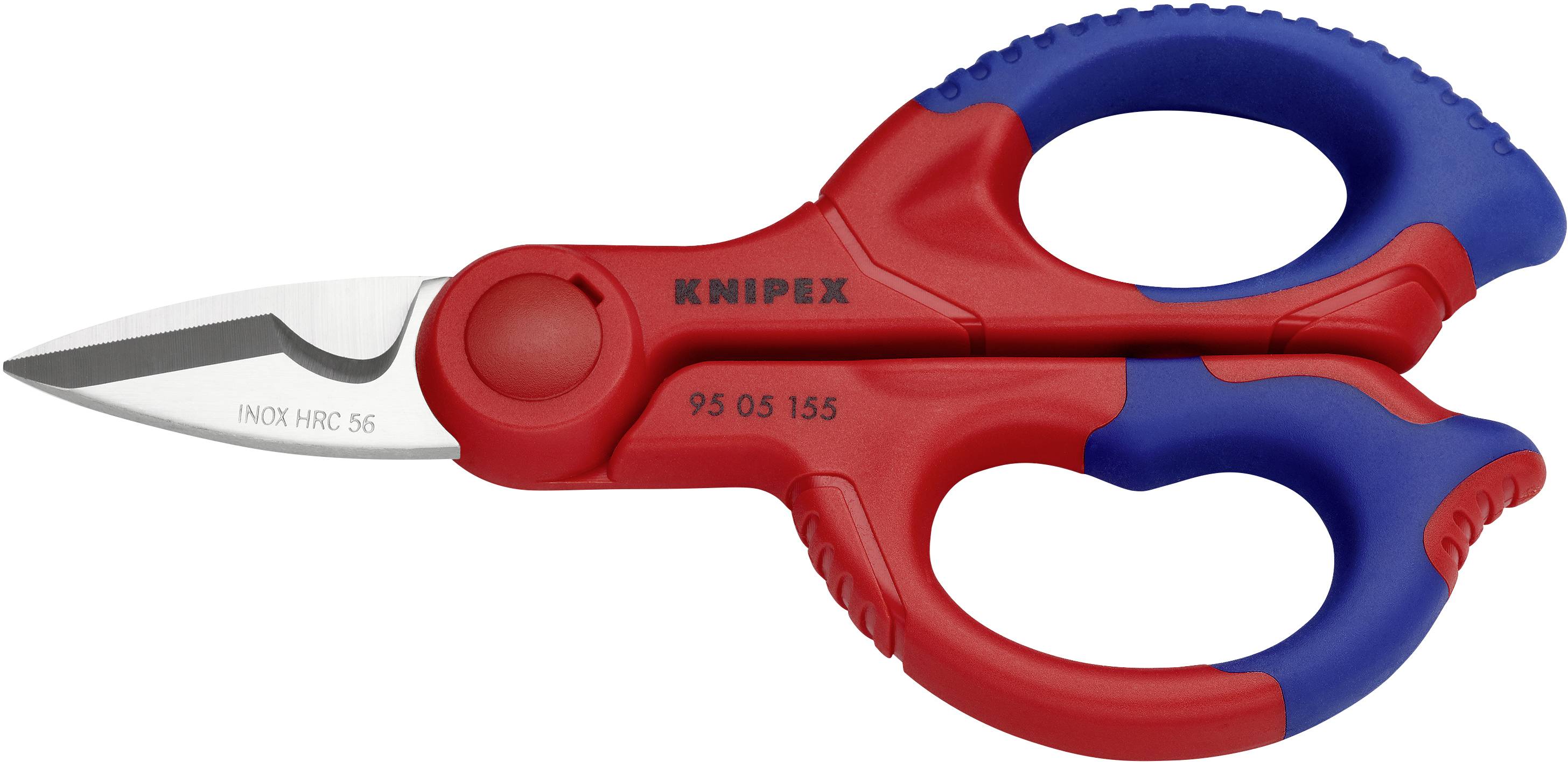Rote und blaue Kabelschere mit kurzer, gebogener Klinge und Griffen. Markenname 'KNIPEX' ist auf der Schere sichtbar.