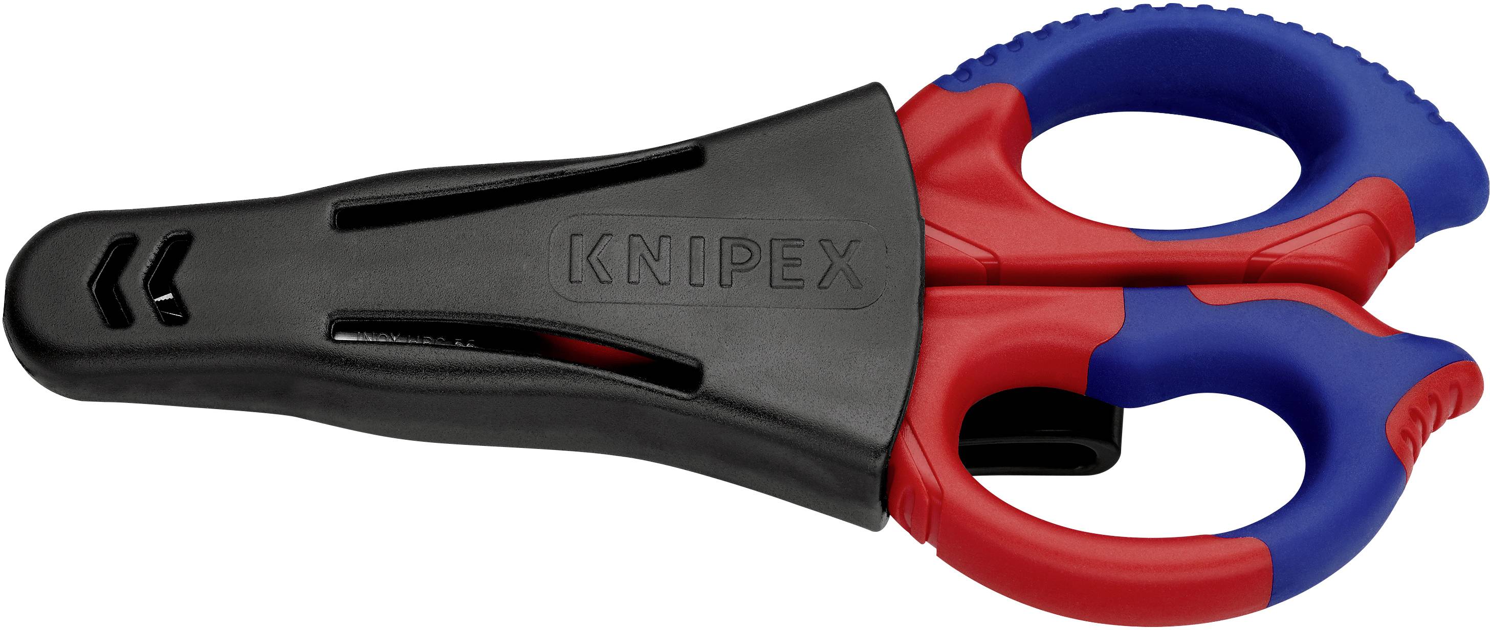 Eine rote und blaue Schere mit einem schwarzen Schutzüberzug, Markenname „Knipex“ sichtbar. Entworfen für präzises Schneiden.