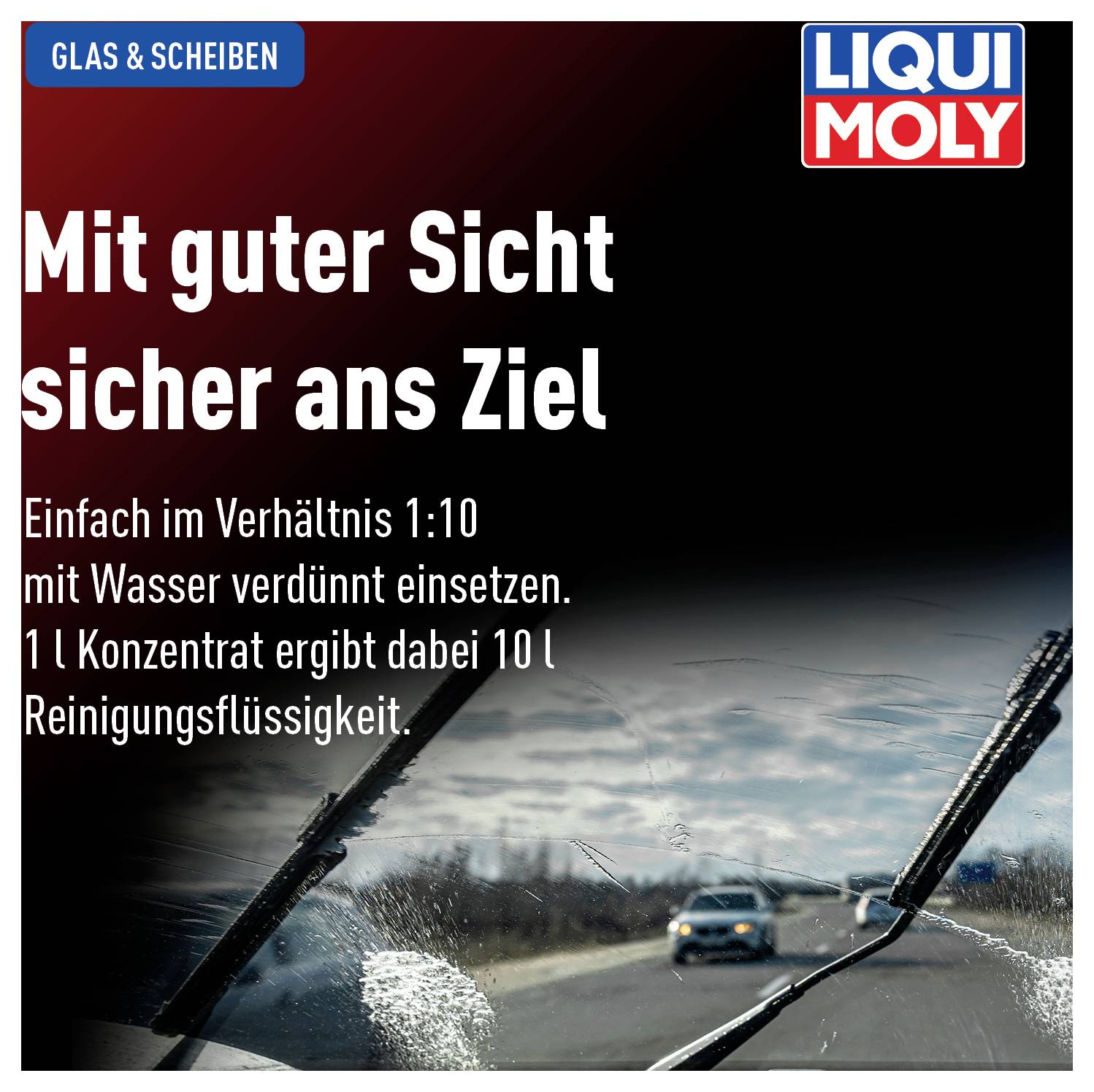 Werbung für Scheibenreiniger: 'Mit guter Sicht sicher ans Ziel.' Verdünnung 1:10 mit Wasser, 1 Liter Konzentrat ergibt 10 Liter Reinigungsflüssigkeit. Straße und Straße im Hintergrund.