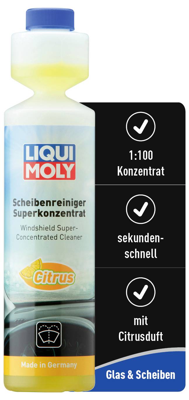'LIQUI MOLY Scheibenreiniger Superkonzentrat Citrus' Flasche mit schwarzem Etikett. Eigenschaften: 1:100 Konzentrat, sekundenschnell, mit Citrusduft. Geeignet für Glas und Scheiben. Made in Germany.