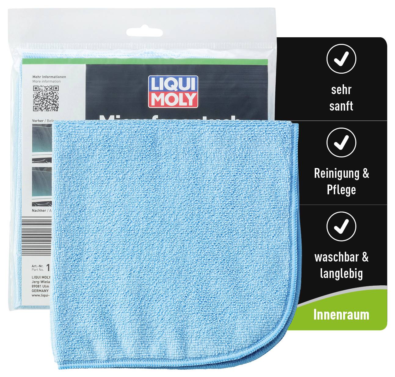 Mikrofaser-Reinigungstuch von Liqui Moly in Blau, beworben als 'sehr sanft, Reinigung & Pflege, waschbar & langlebig' für den Innenraum.