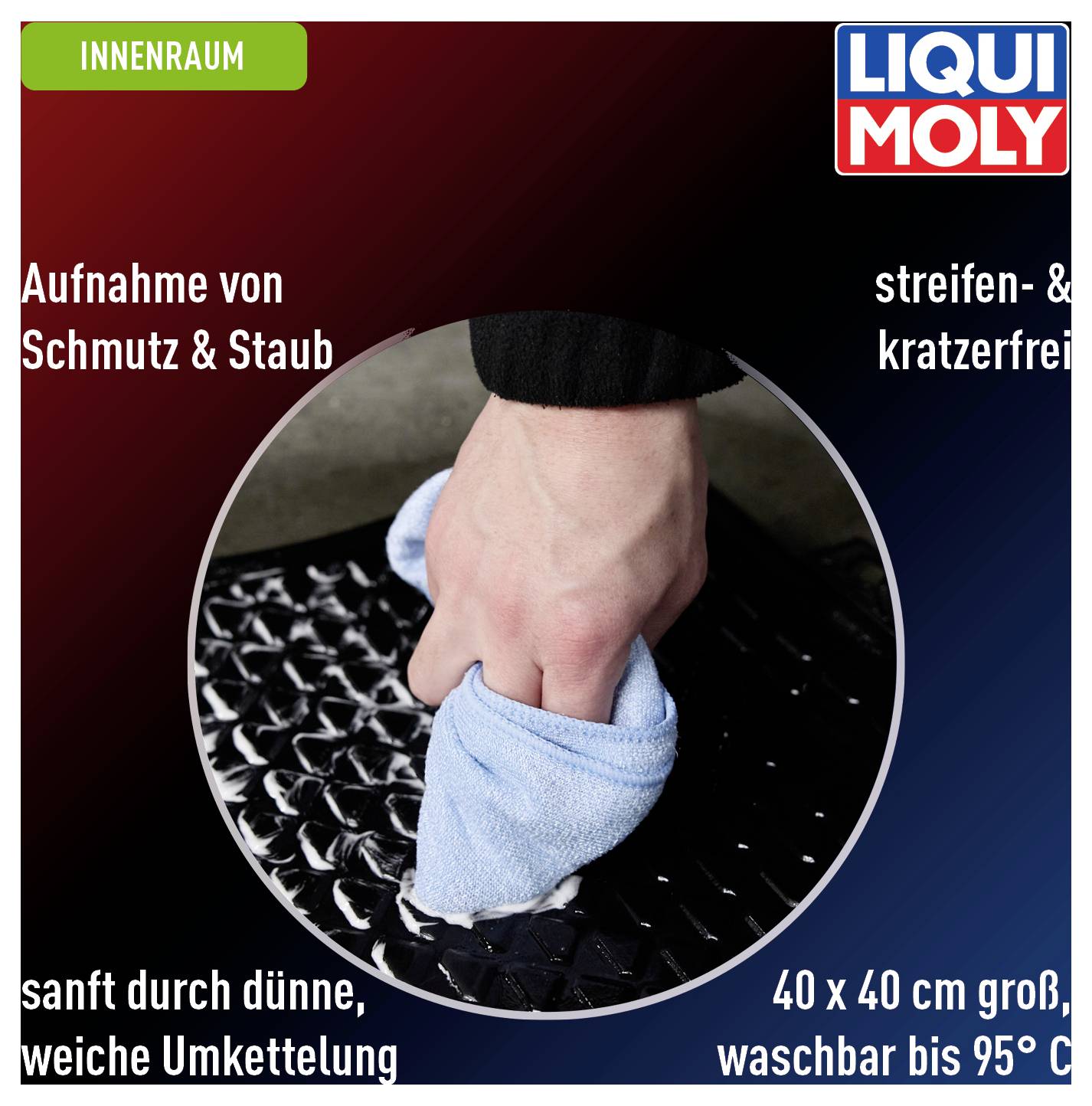 Innenraum: Aufnahme von Schmutz & Staub. Streifen- & kratzfrei, sanft durch dünne, weiche Umkettelung. 40 x 40 cm groß, waschbar bis 95°C.