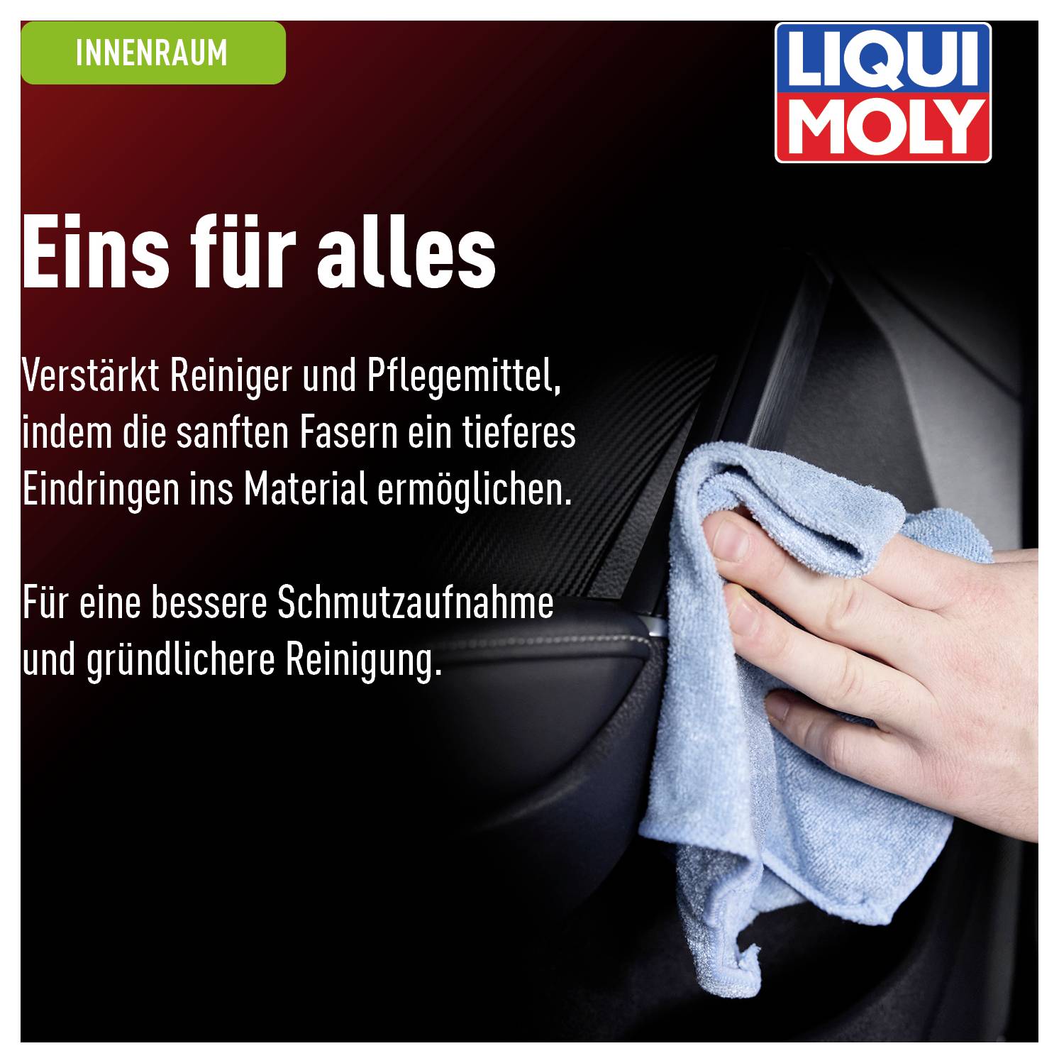 'Innnenraum': Ein Hand reinigt eine Oberfläche mit einem blauen Tuch. Text erklärt die Vorteile von reinigenden und pflegenden Produkten.