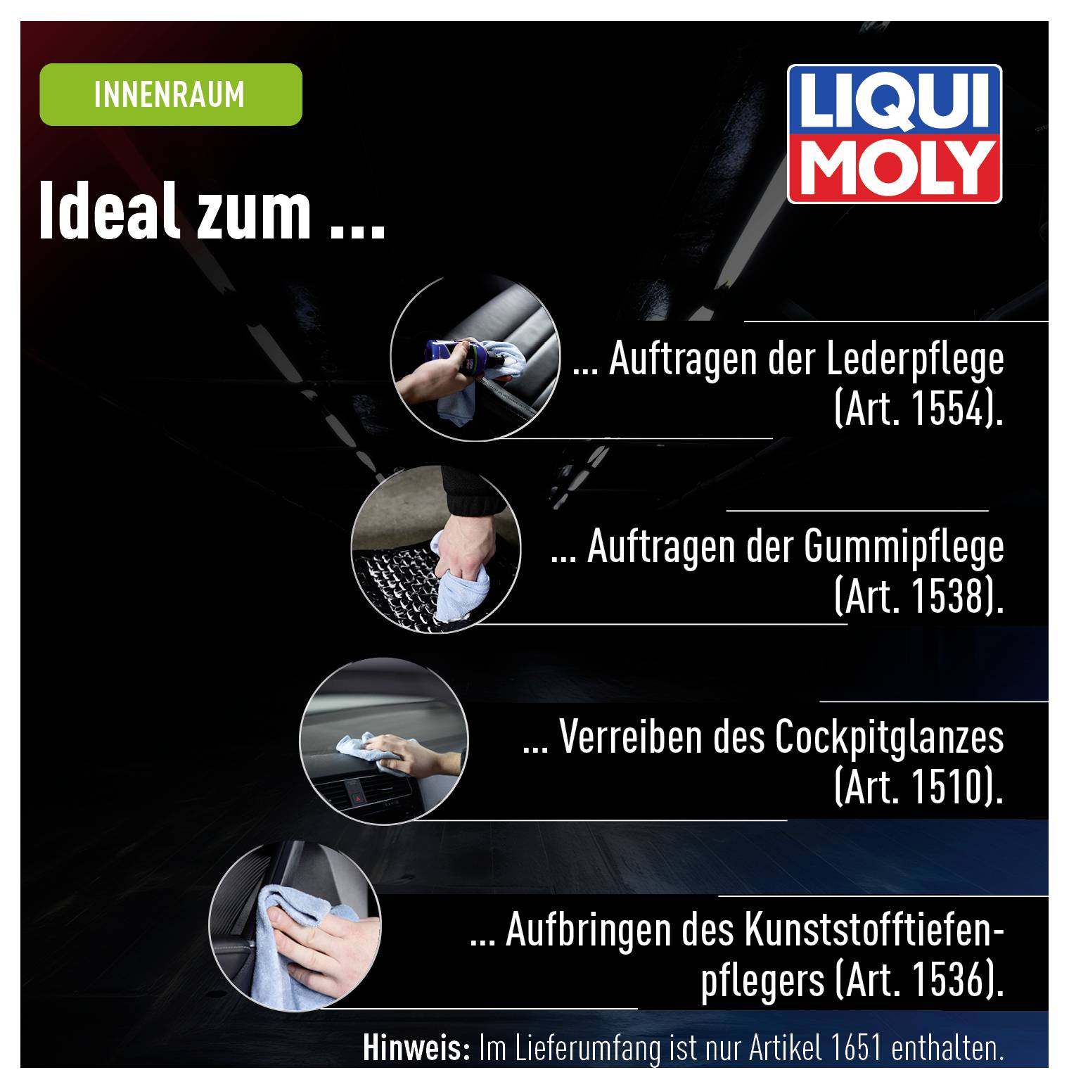 Ideal zum Auftragen der Lederpflege, Gummipflege, Verreiben des Cockpitglanzes und Aufbringen des Kunststoffpflegers.