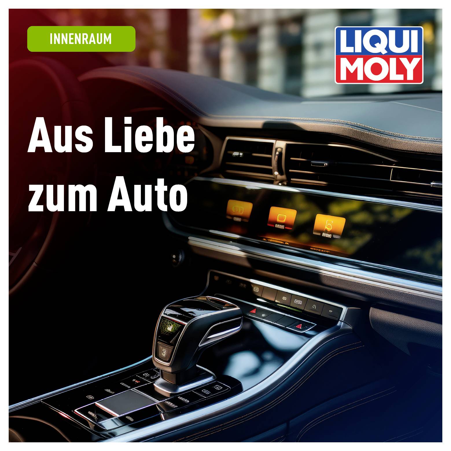 Autoinnenraum mit Blick auf das Armaturenbrett, in der Ecke 'Aus Liebe zum Auto' und das Logo von Liqui Moly.
