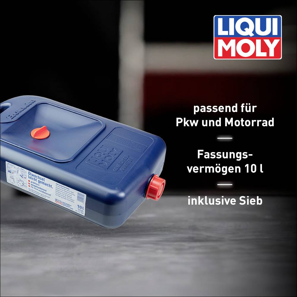 Ein blauer Öl-Auffangbehälter der Marke Liqui Moly mit rotem Verschluss, geeignet für Pkw und Motorrad, Kapazität 10 l, inklusive Sieb.