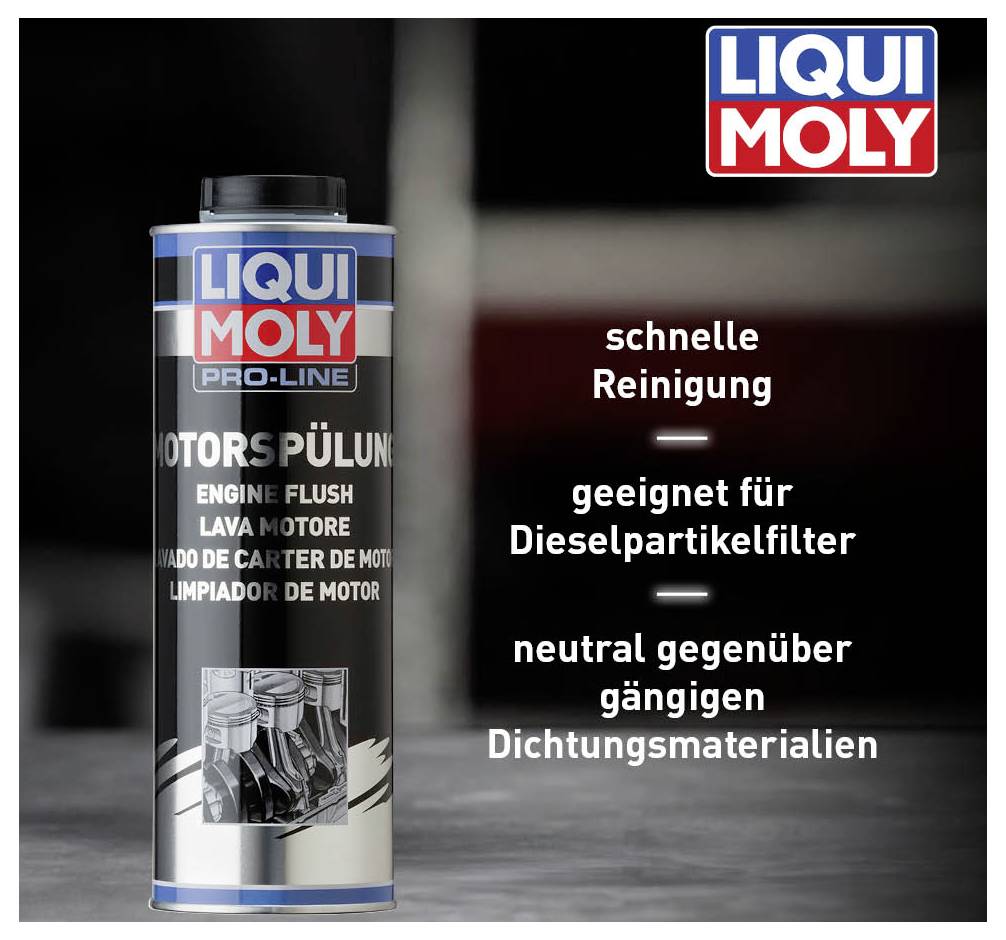 Flasche Liqui Moly Pro-Line Motor-Spülung mit Text: 'schnelle Reinigung, geeignet für Dieselpartikelfilter, neutral gegenüber gängigen Dichtungsmaterialien'.