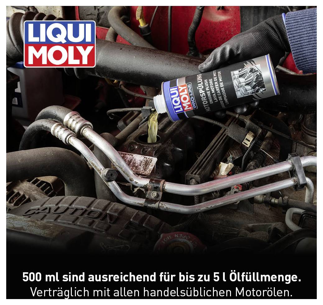 Motor im Auto wird mit 'Liqui Moly Motor System Spülung' behandelt. Produkt wird in den Motor gegossen. Text: '500 ml sind ausreichend für bis zu 5 l Ölfüllmenge. Verträglich mit allen handelsüblichen Motorölen.'