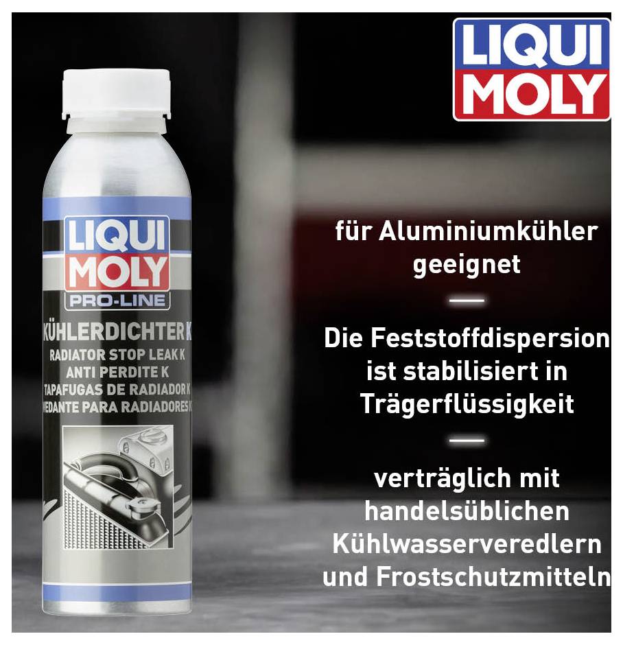 LIQUI MOLY Kühlerdichter für Alukühler geeignet. Feststoffdispersion stabilisiert. Verträglich mit Kühlwasserveredlern und Frostschutz.
